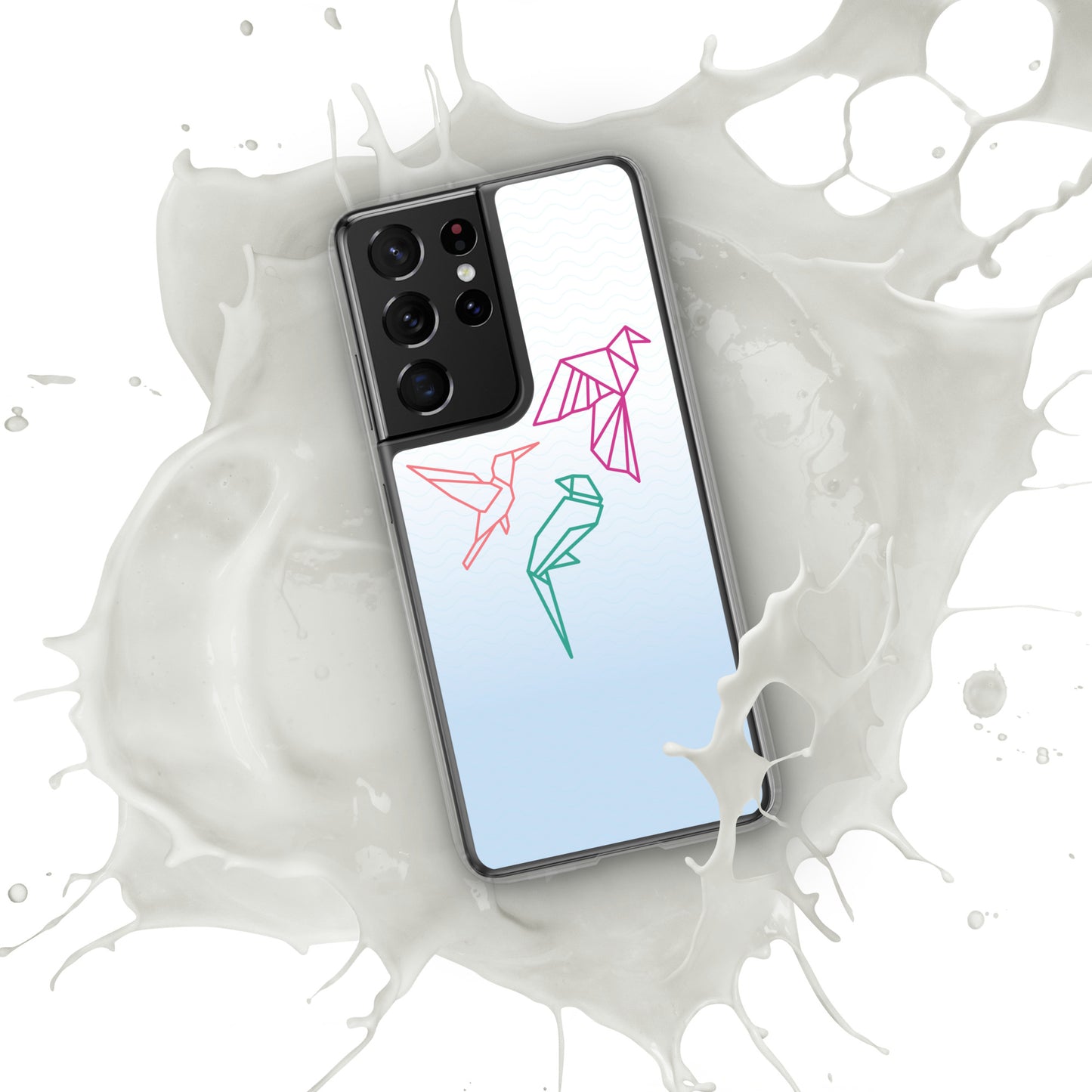Clear case for Samsung with a three birds in orange, green and pink