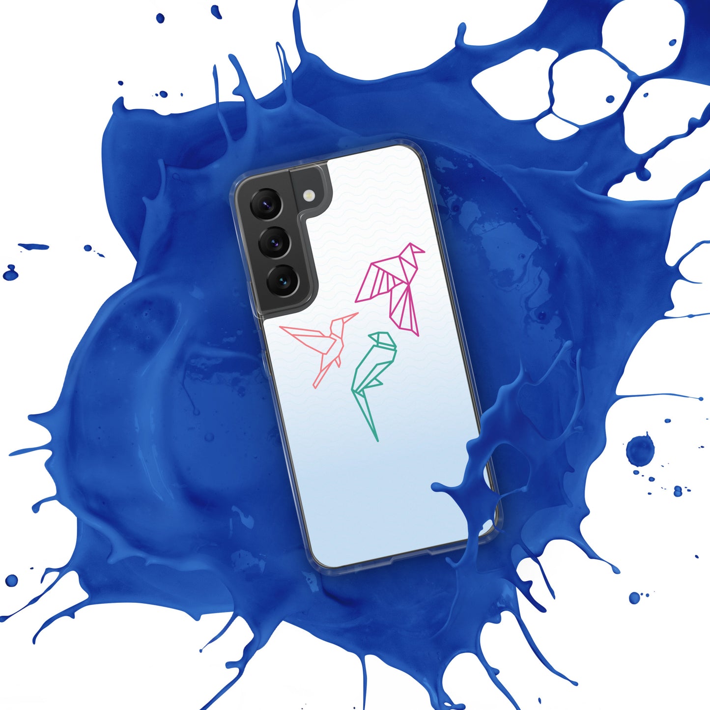 Clear case for Samsung with a three birds in orange, green and pink