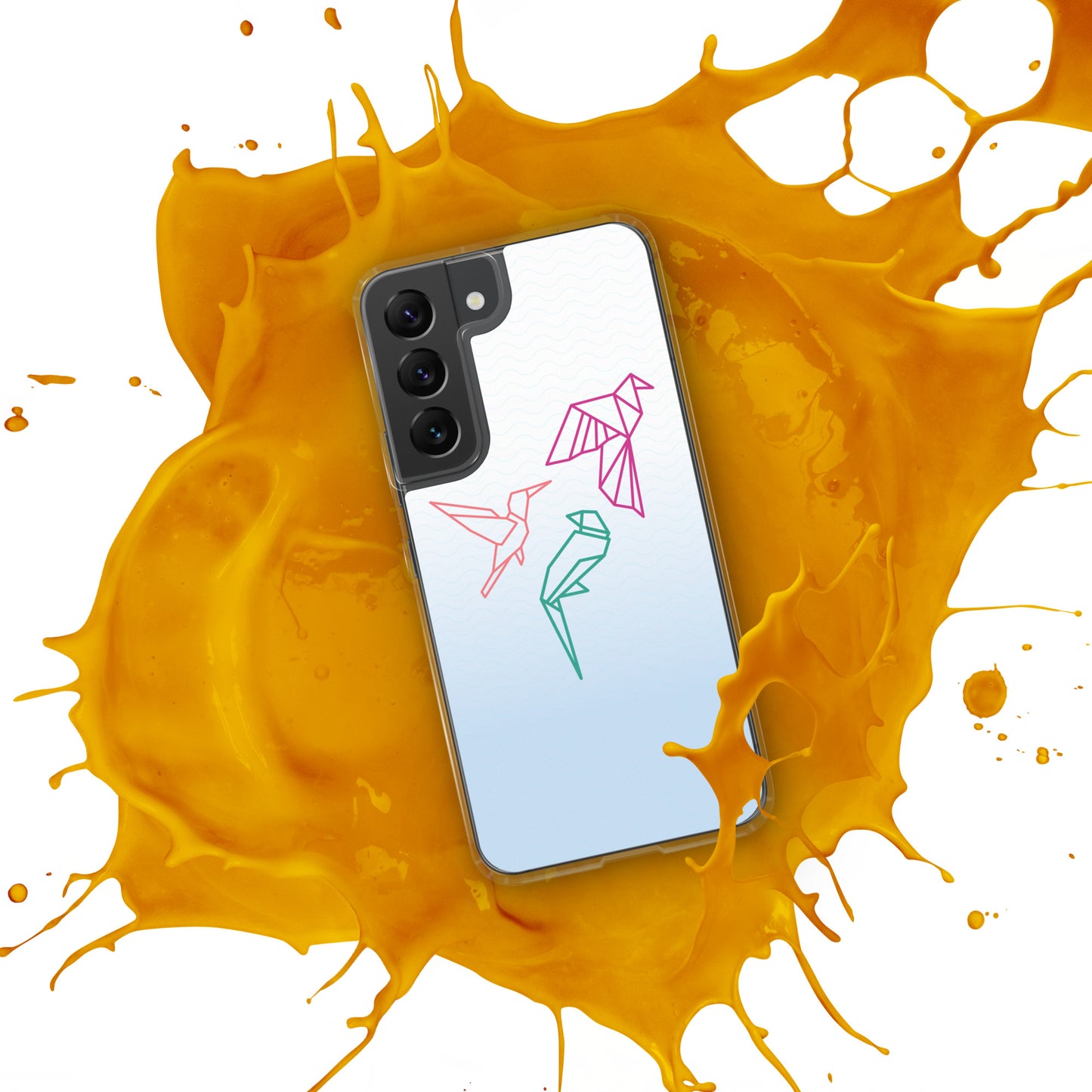 Clear case for Samsung with a three birds in orange, green and pink