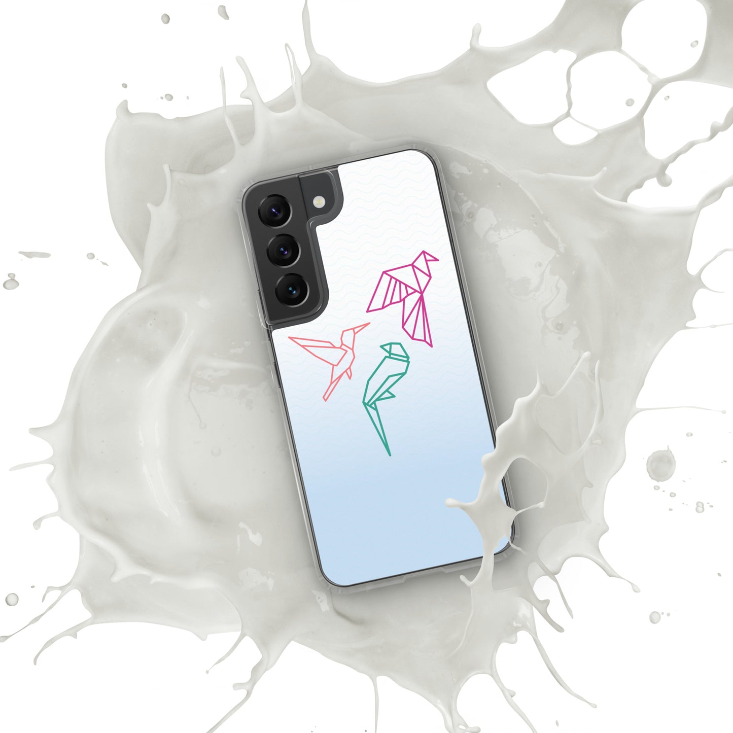 Clear case for Samsung with a three birds in orange, green and pink