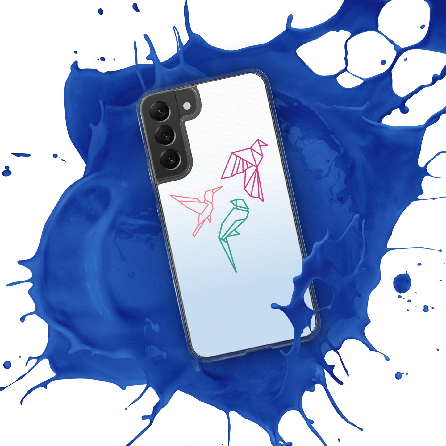 Clear case for Samsung with a three birds in orange, green and pink