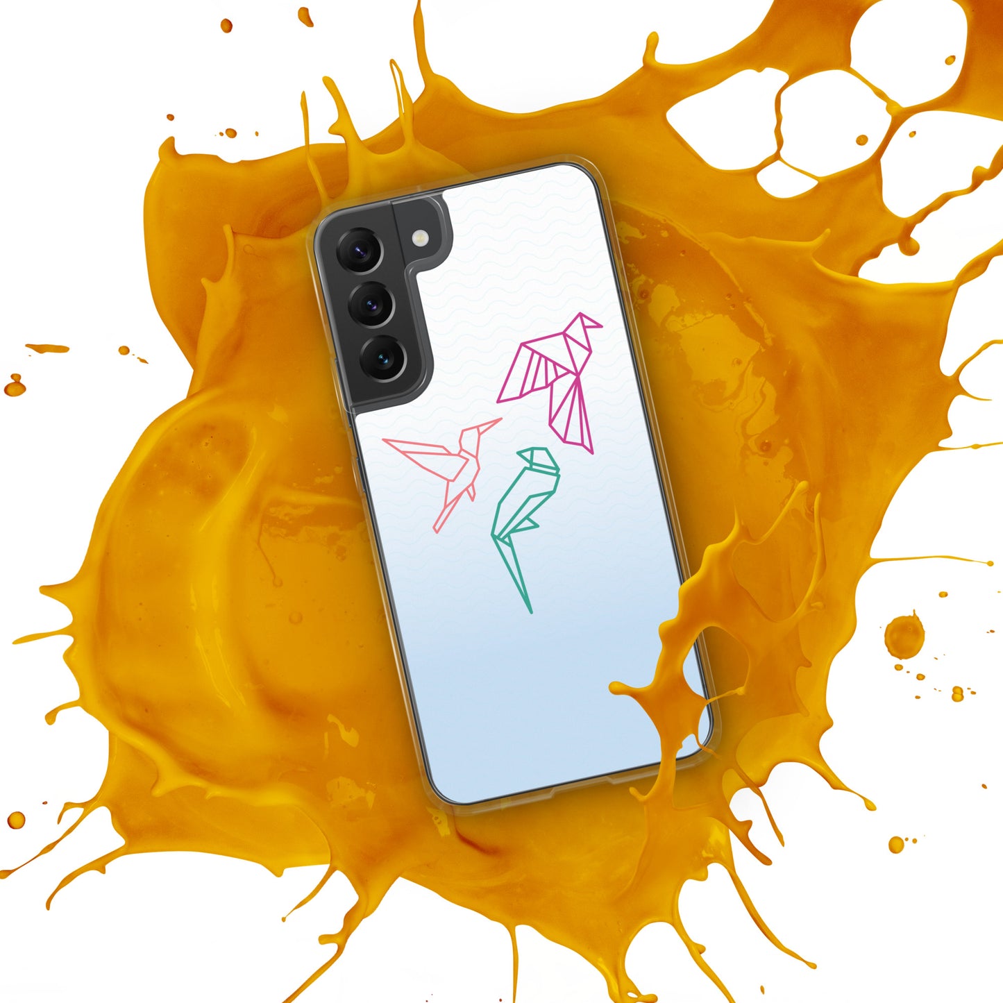Clear case for Samsung with a three birds in orange, green and pink