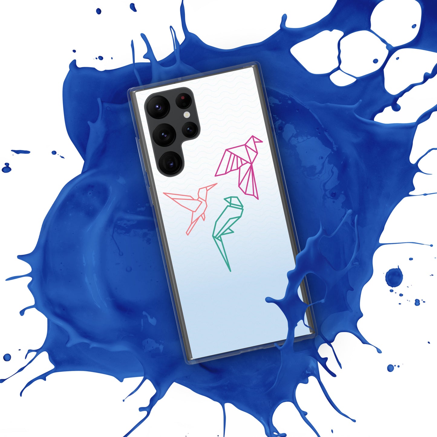 Clear case for Samsung with a three birds in orange, green and pink