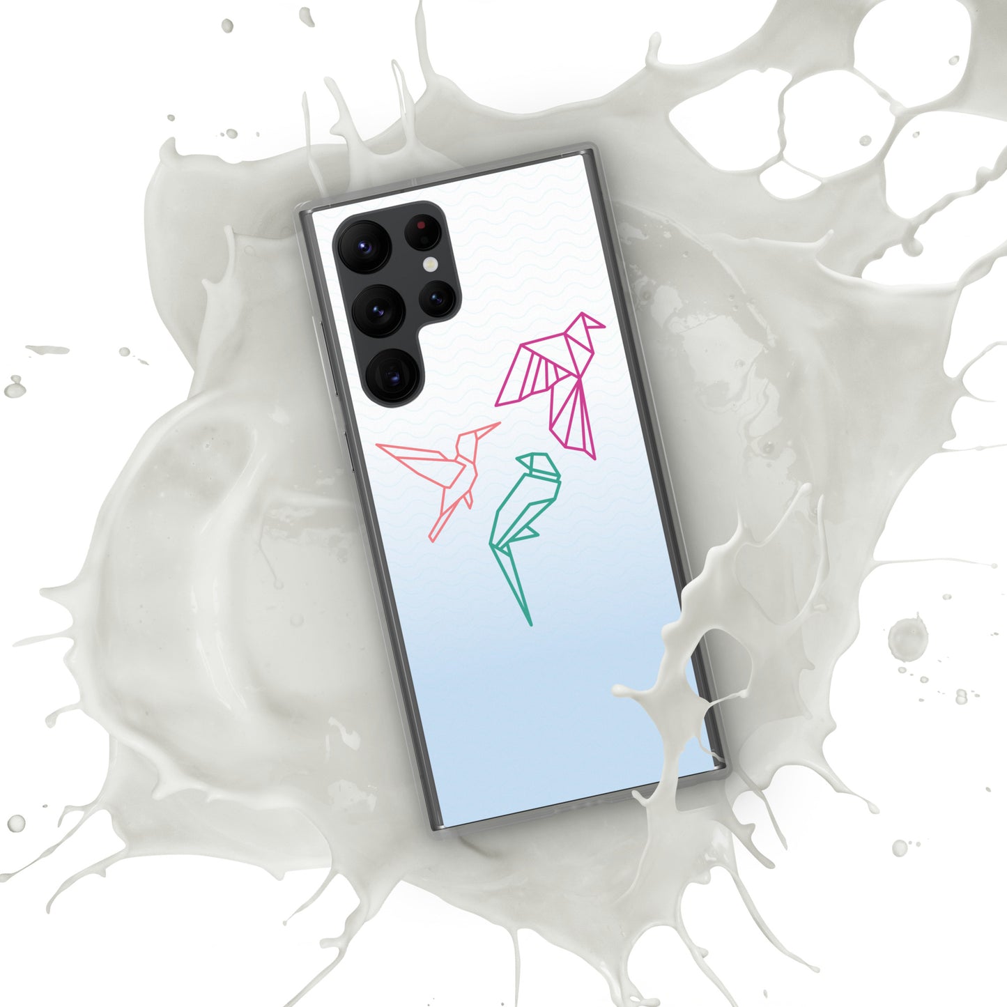 Clear case for Samsung with a three birds in orange, green and pink