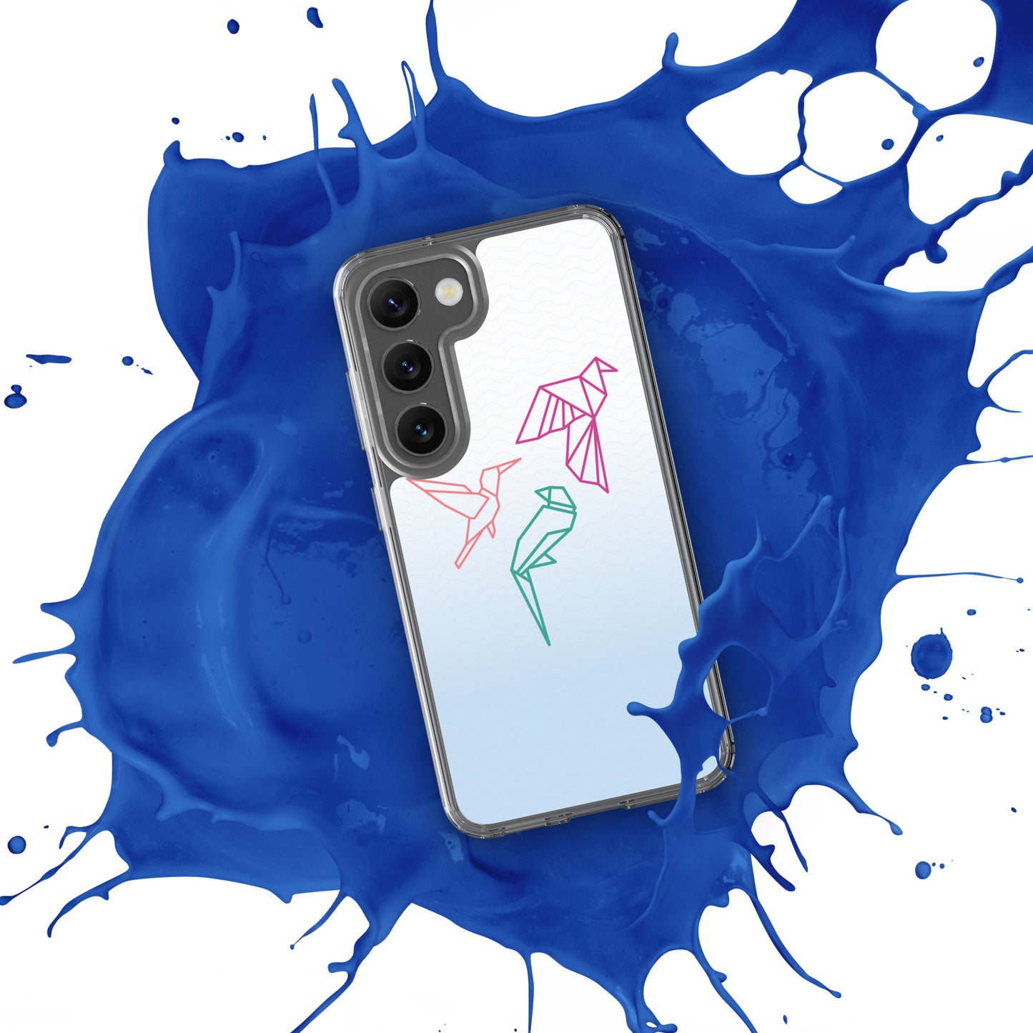 Clear case for Samsung with a three birds in orange, green and pink