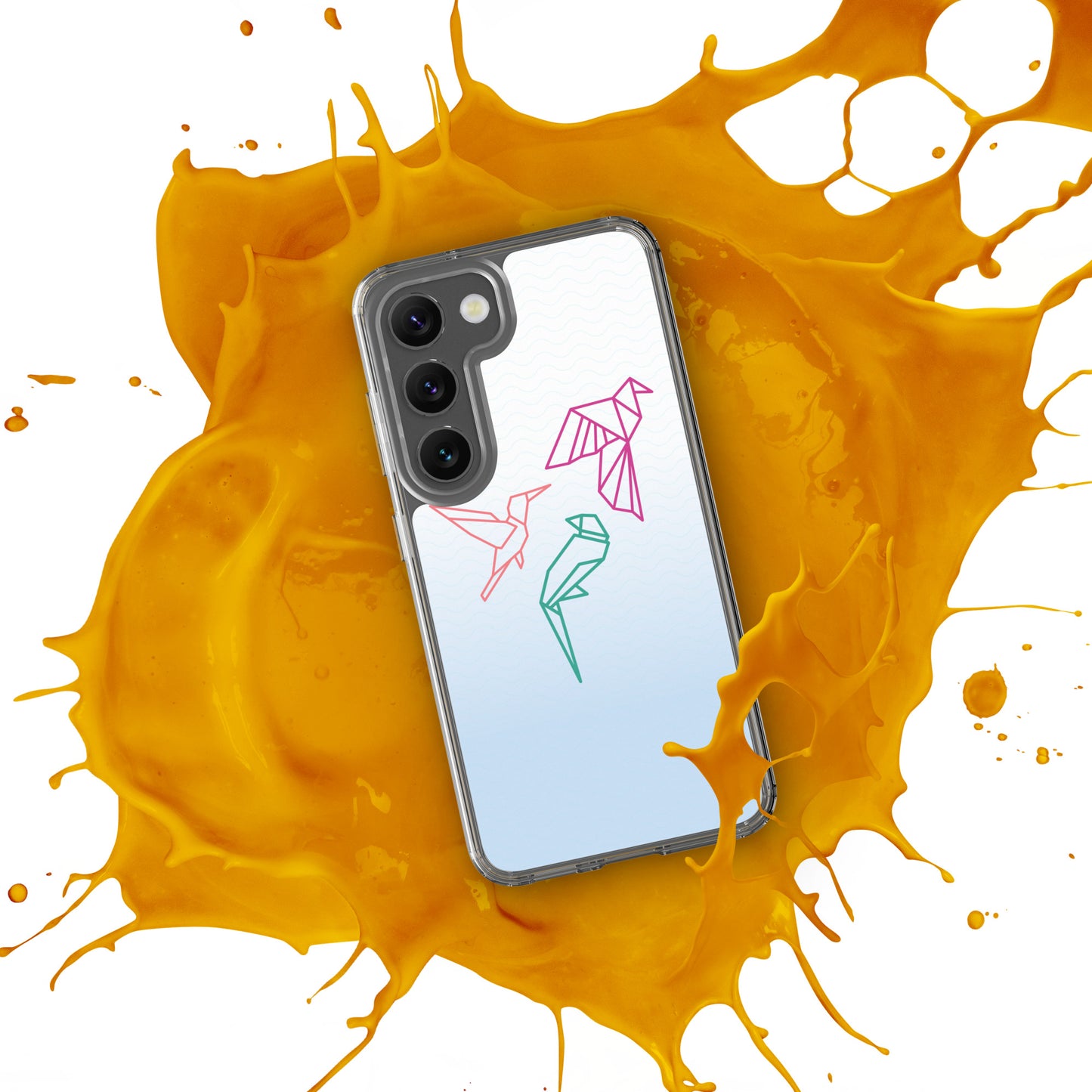 Clear case for Samsung with a three birds in orange, green and pink