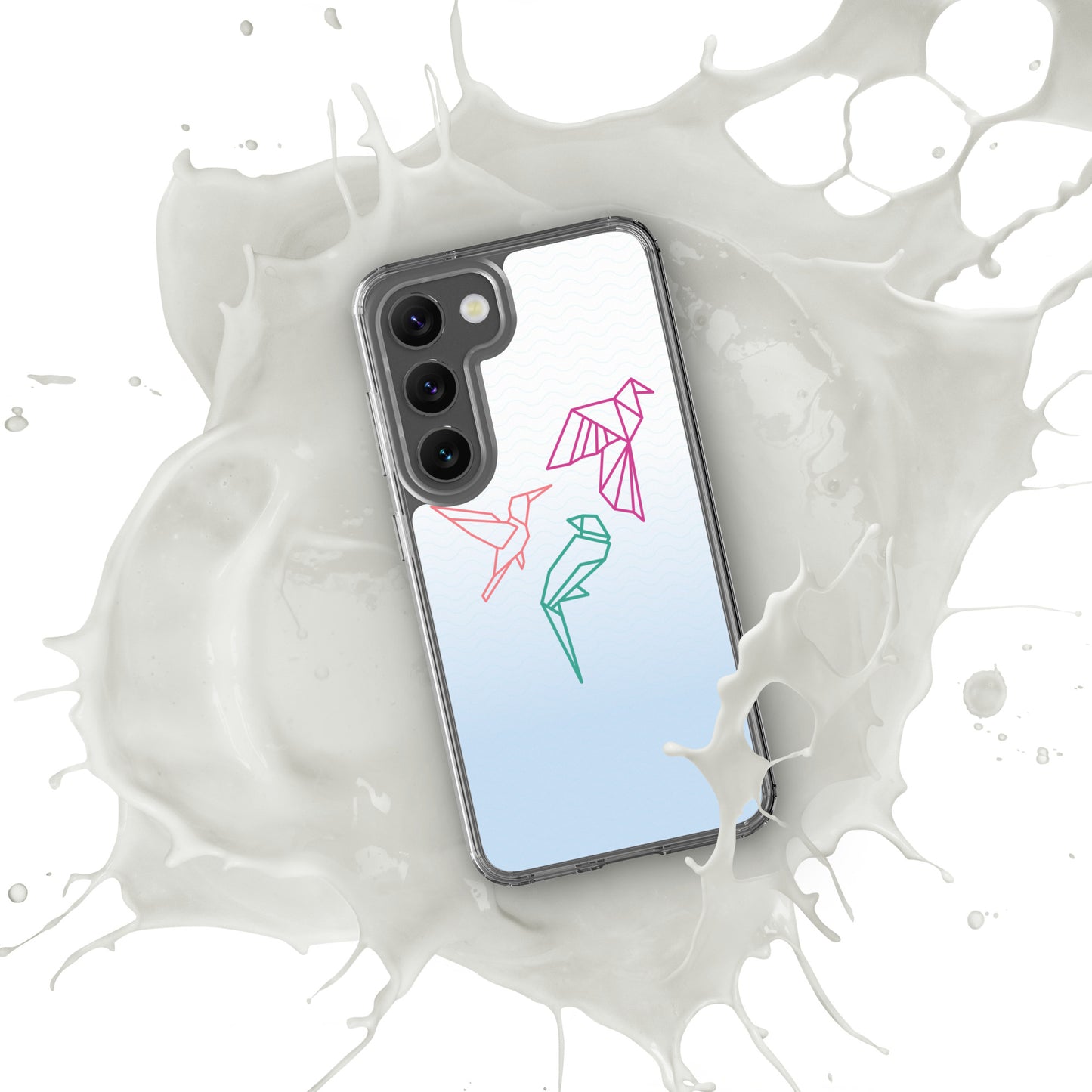 Clear case for Samsung with a three birds in orange, green and pink
