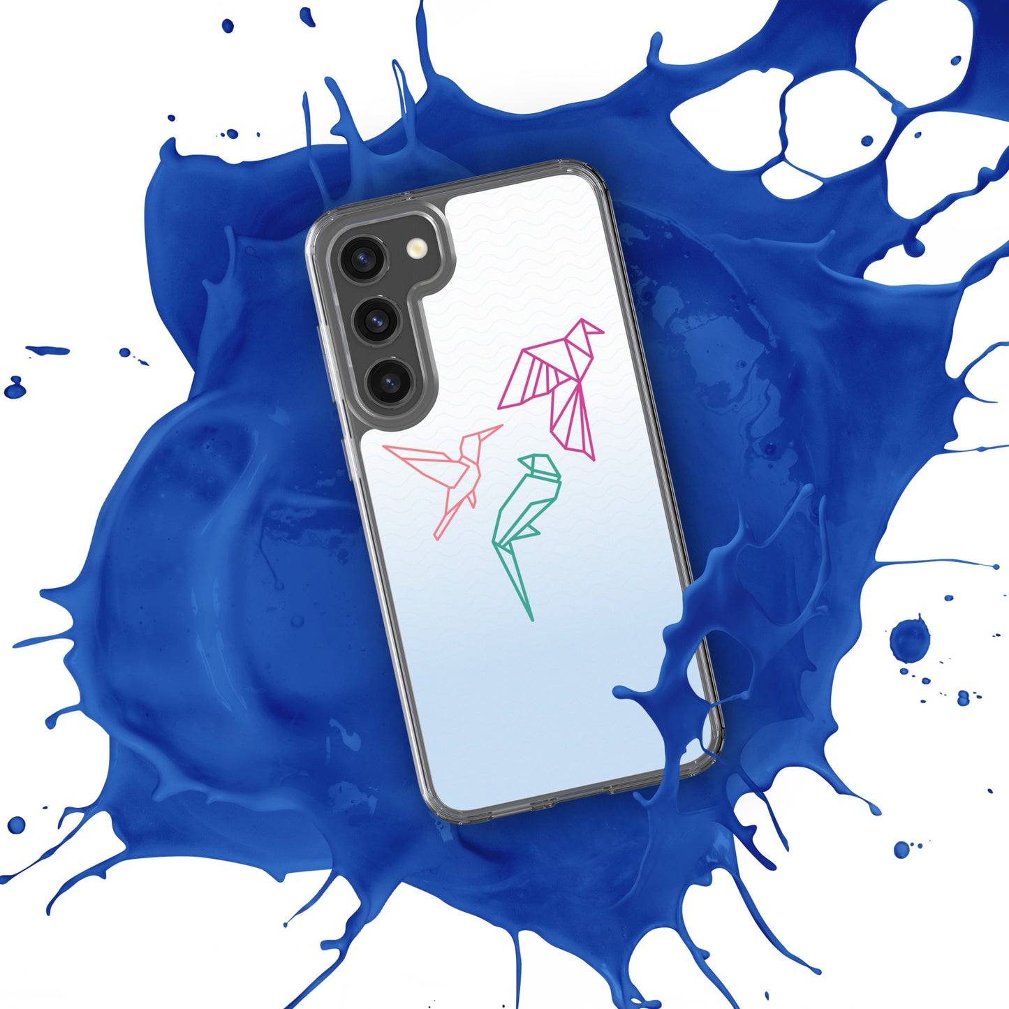 Clear case for Samsung with a three birds in orange, green and pink