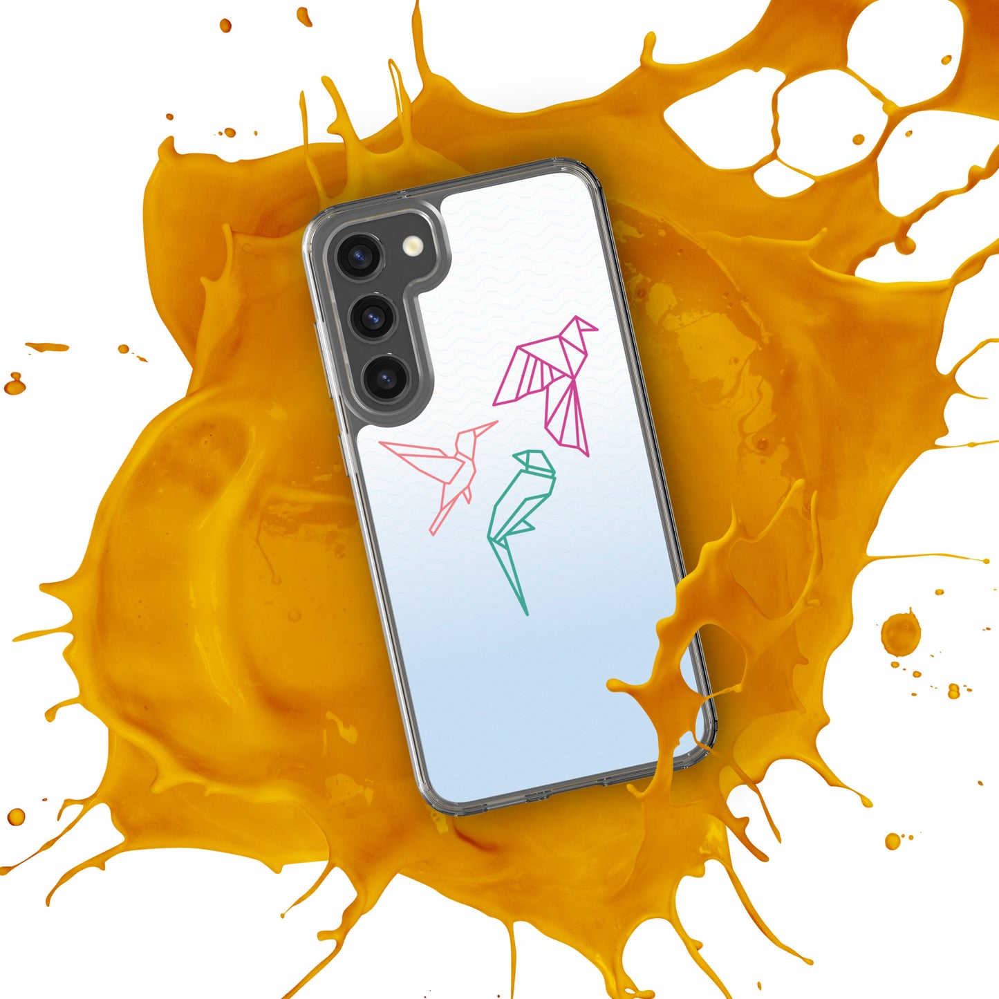 Clear case for Samsung with a three birds in orange, green and pink