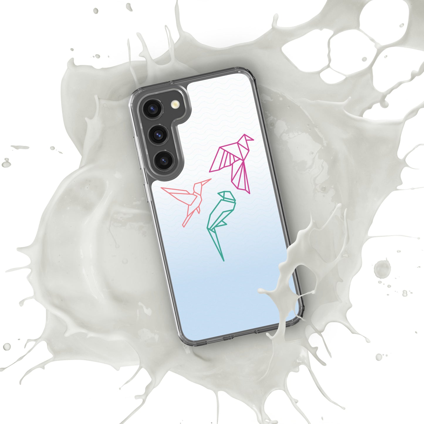 Clear case for Samsung with a three birds in orange, green and pink