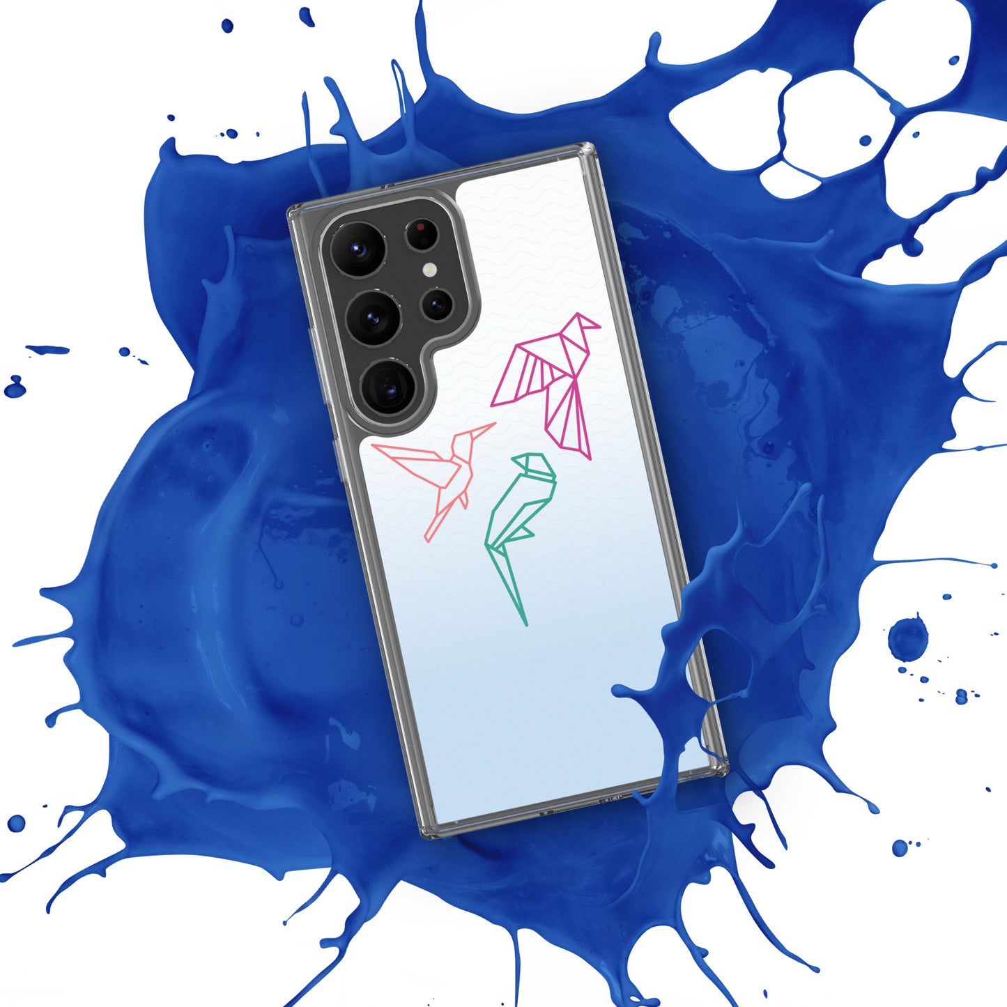 Clear case for Samsung with a three birds in orange, green and pink