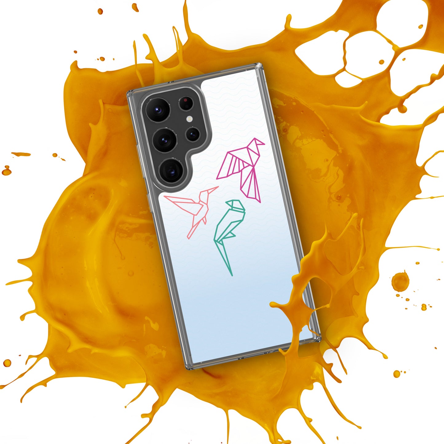 Clear case for Samsung with a three birds in orange, green and pink