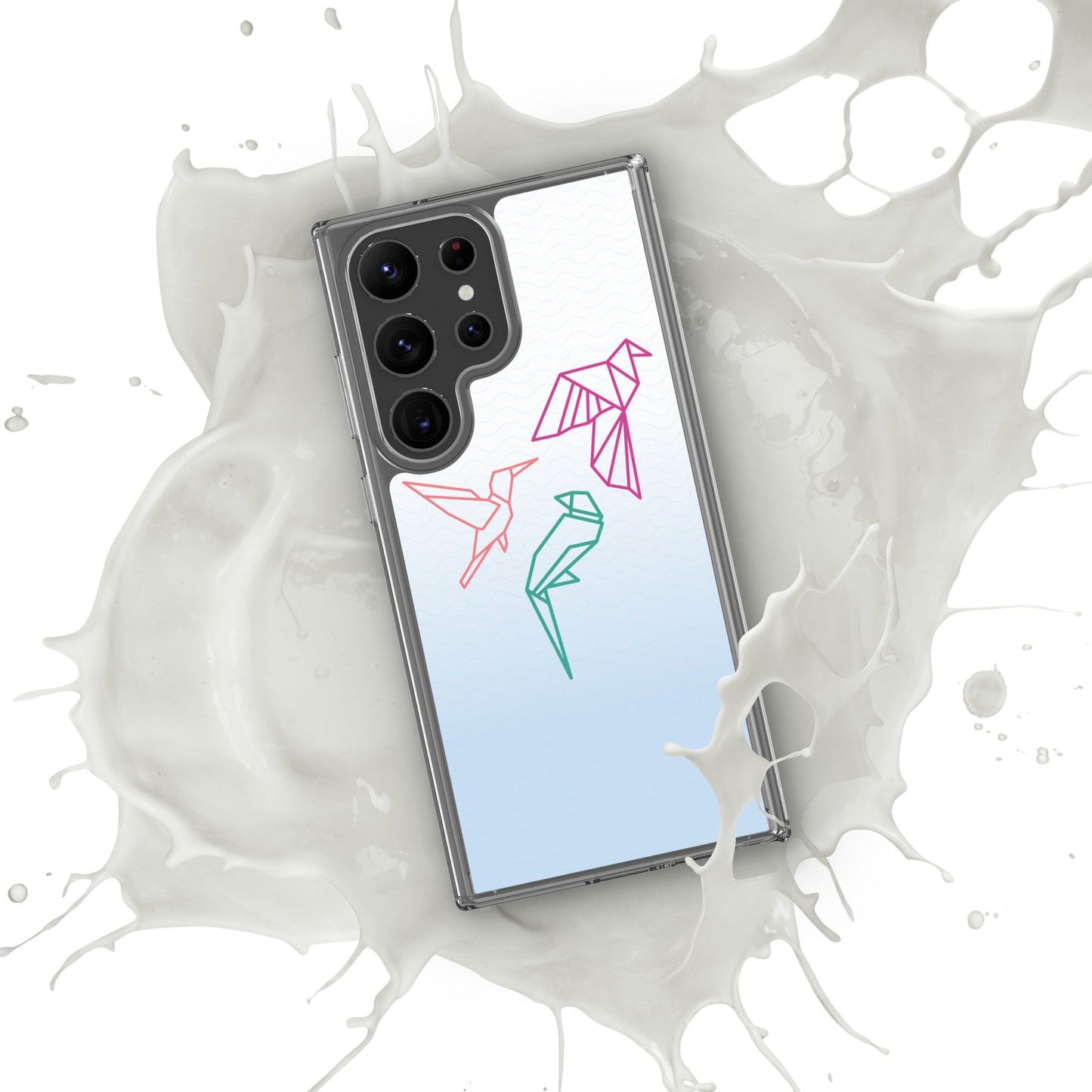 Clear case for Samsung with a three birds in orange, green and pink