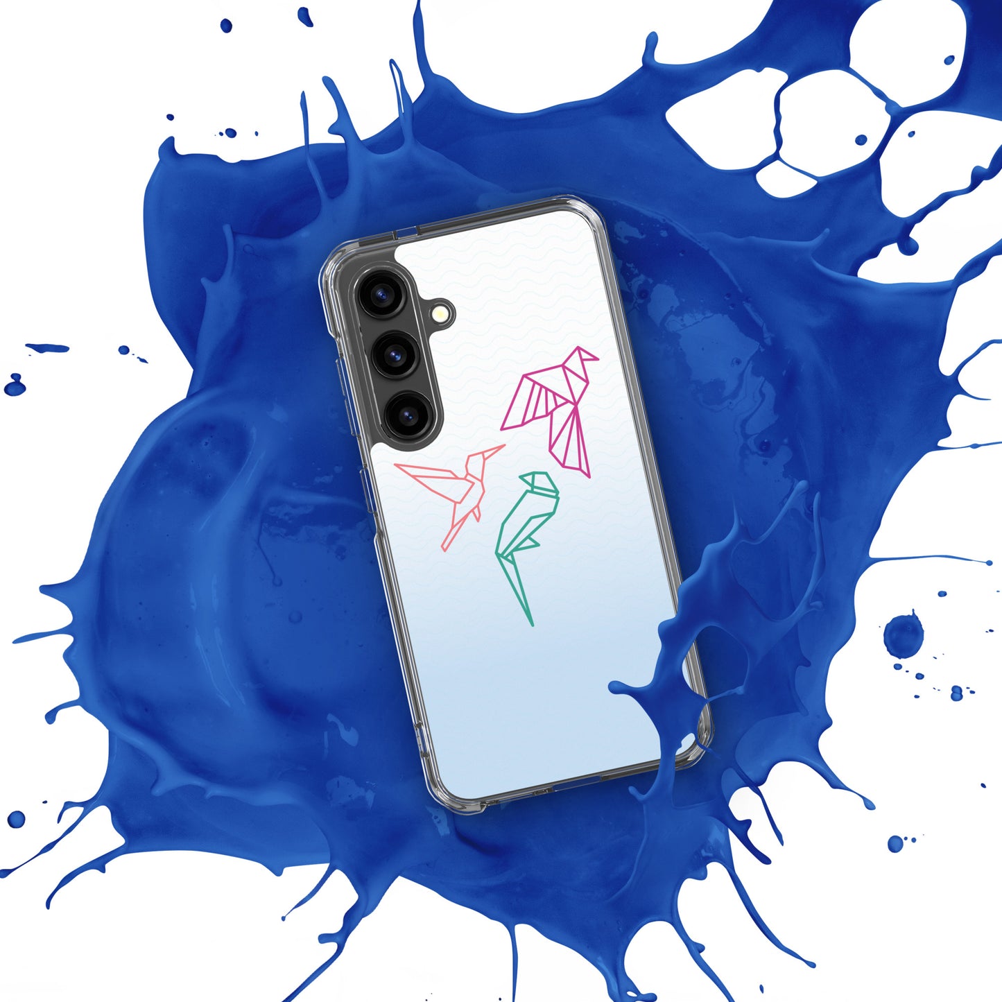 Clear case for Samsung with a three birds in orange, green and pink