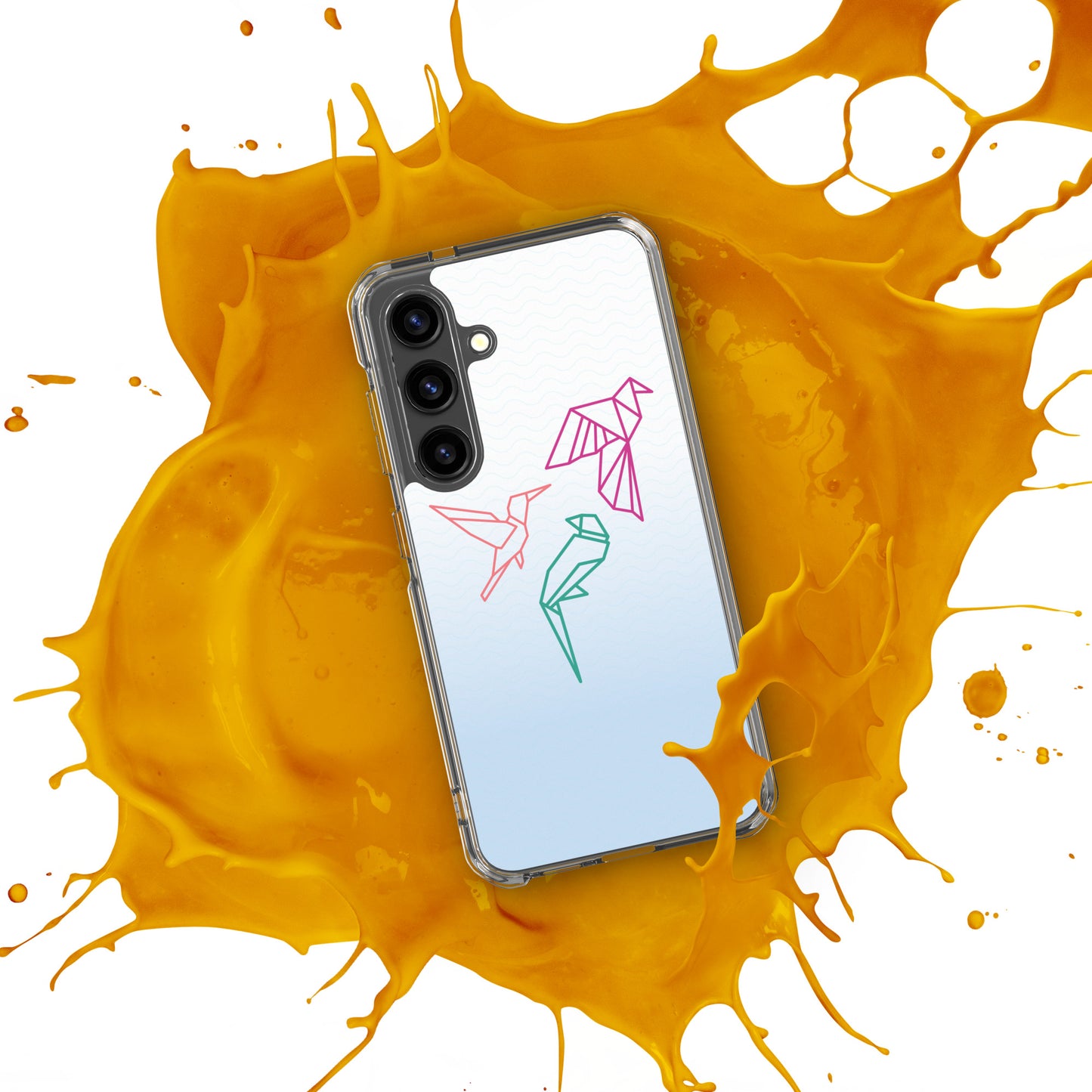 Clear case for Samsung with a three birds in orange, green and pink