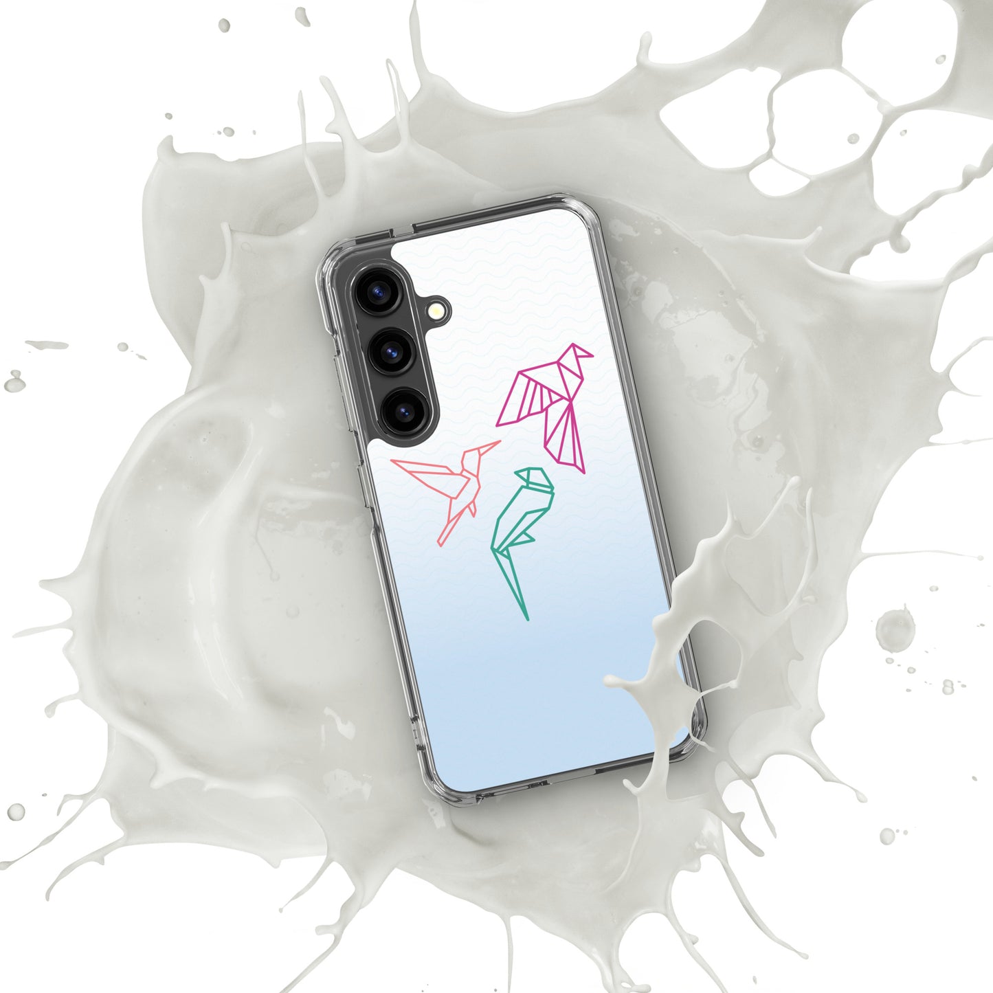 Clear case for Samsung with a three birds in orange, green and pink