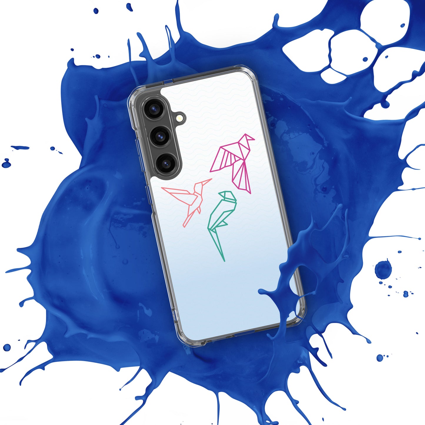 Clear case for Samsung with a three birds in orange, green and pink