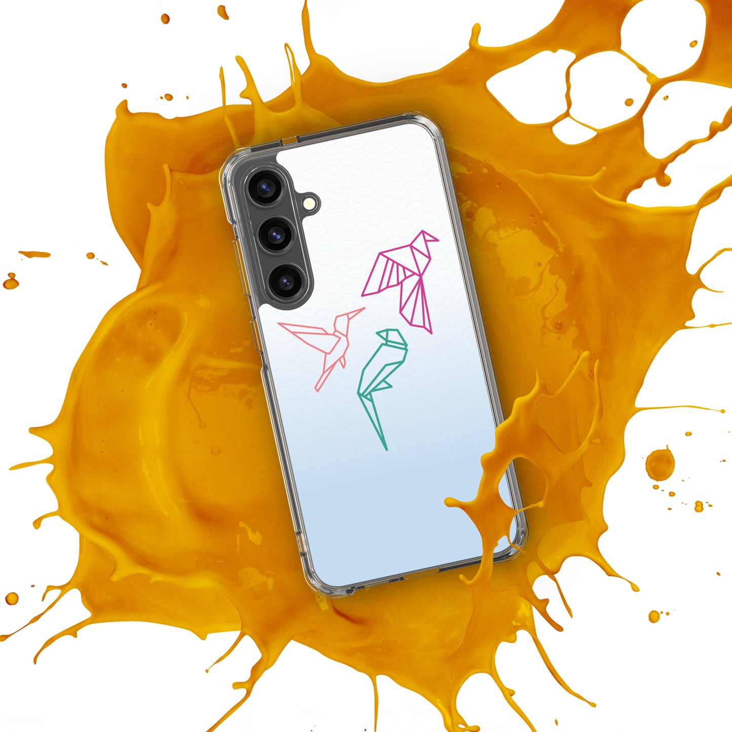 Clear case for Samsung with a three birds in orange, green and pink