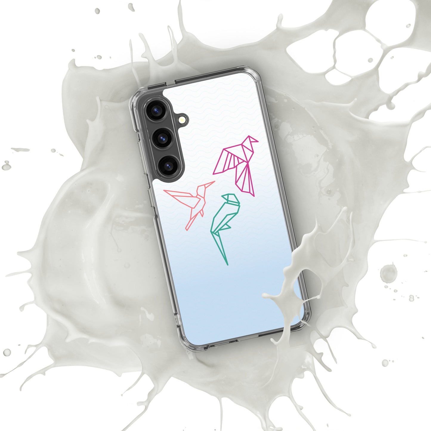 Clear case for Samsung with a three birds in orange, green and pink