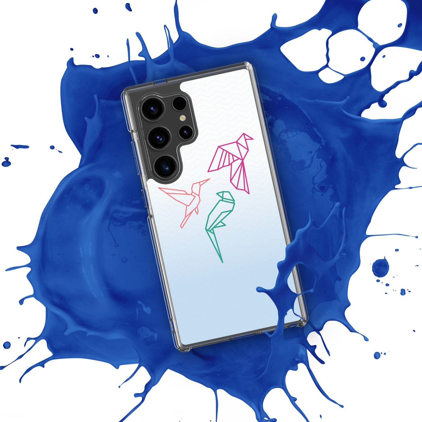 Clear case for Samsung with a three birds in orange, green and pink