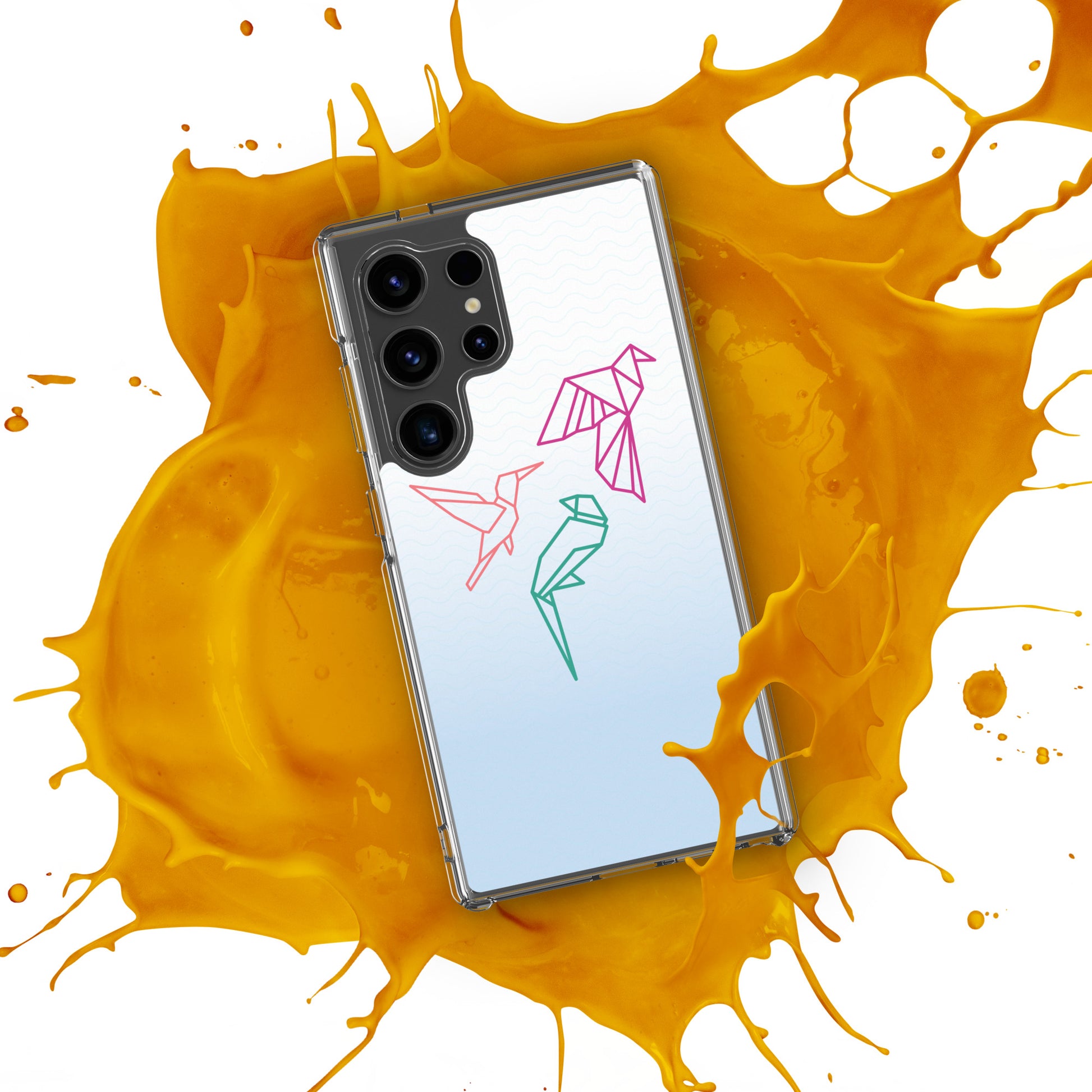 Clear case for Samsung with a three birds in orange, green and pink