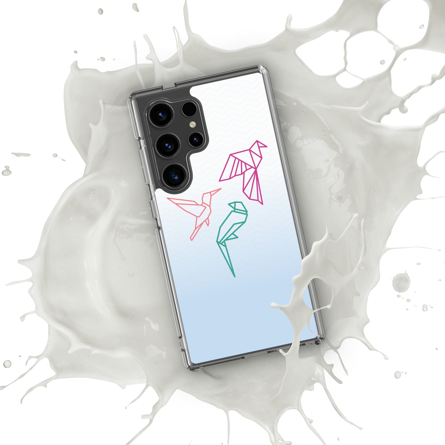 Clear case for Samsung with a three birds in orange, green and pink