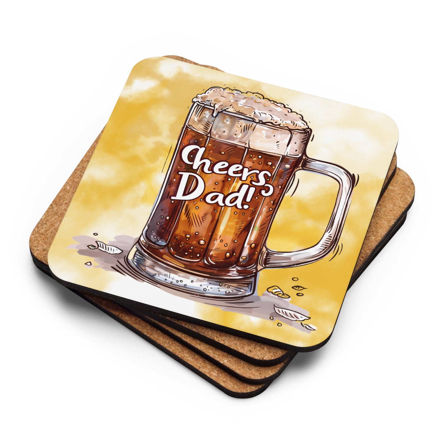 Cork coaster with picture of glass of beer with text "Cheers dad"