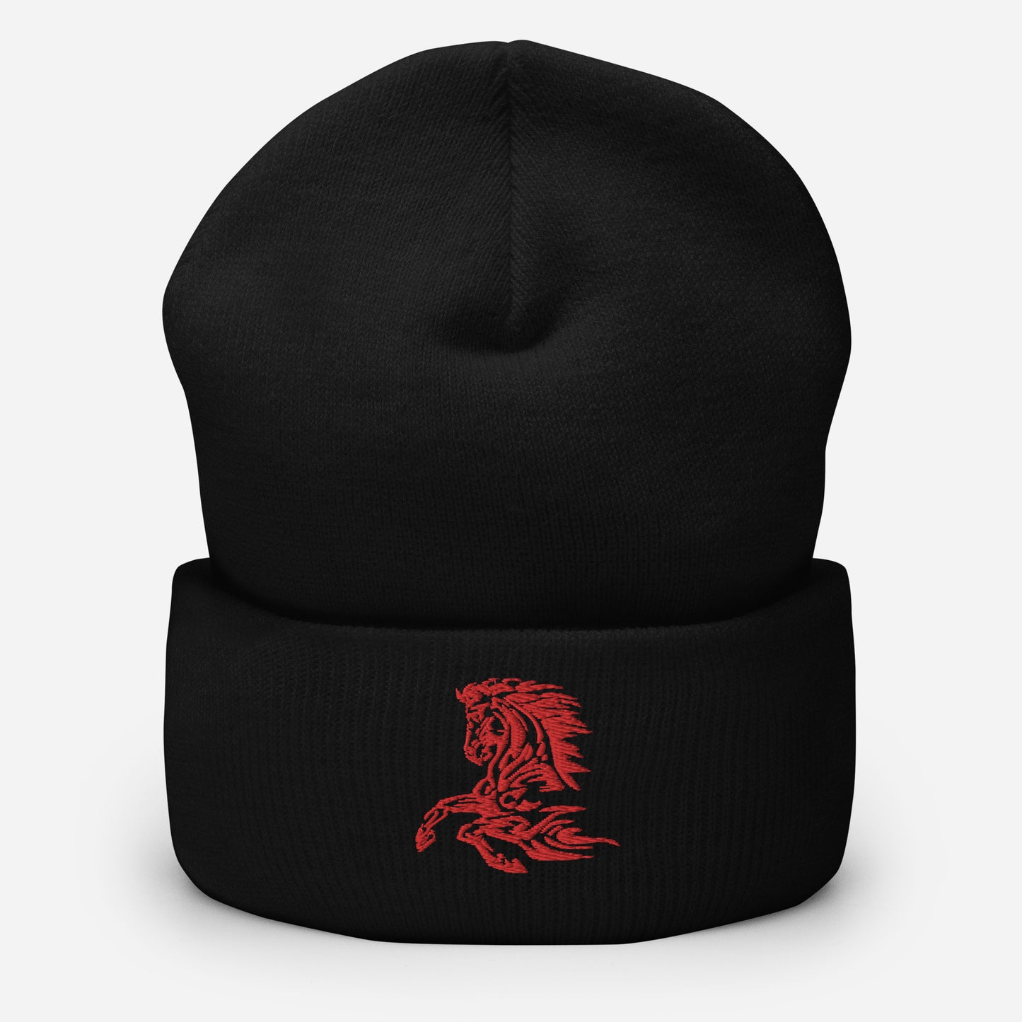 Black beanie with red horse