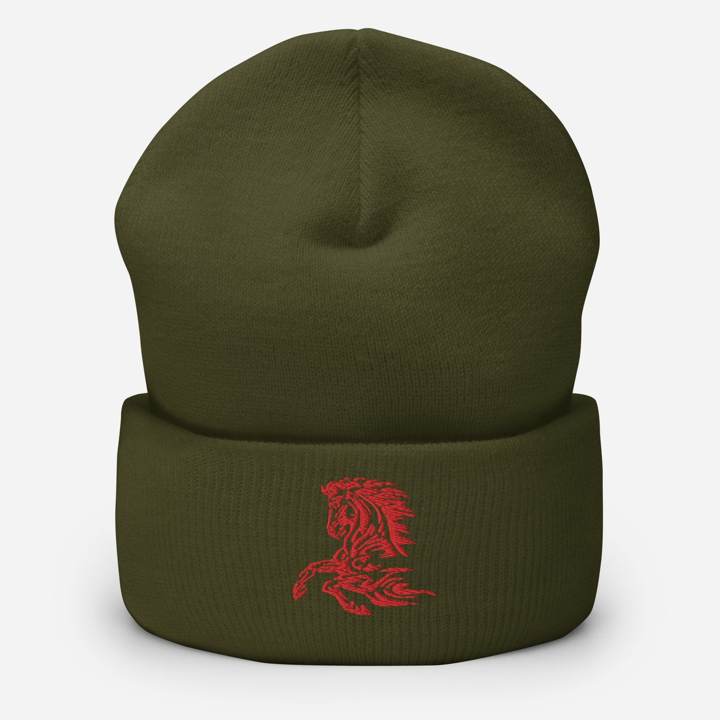Olive green beanie with red horse