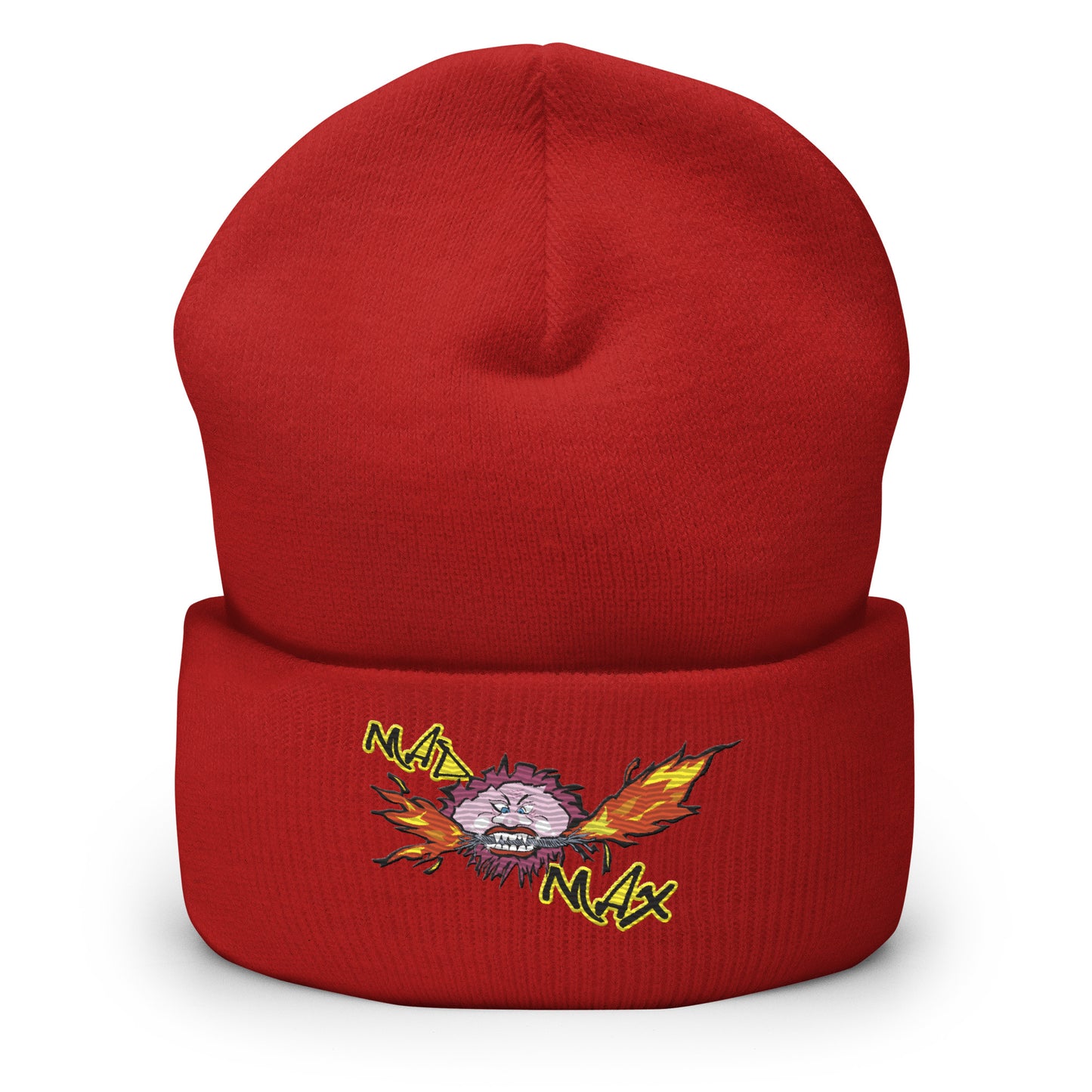 red cuffed beanie with mad max logo