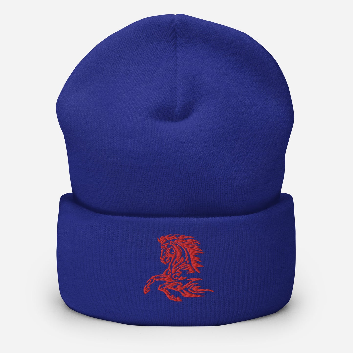 Royal blue beanie with red horse