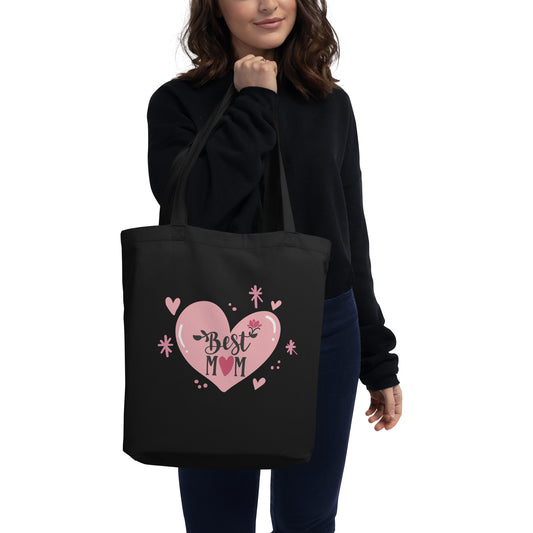 Woman with black tote bag with hart and text best MOM