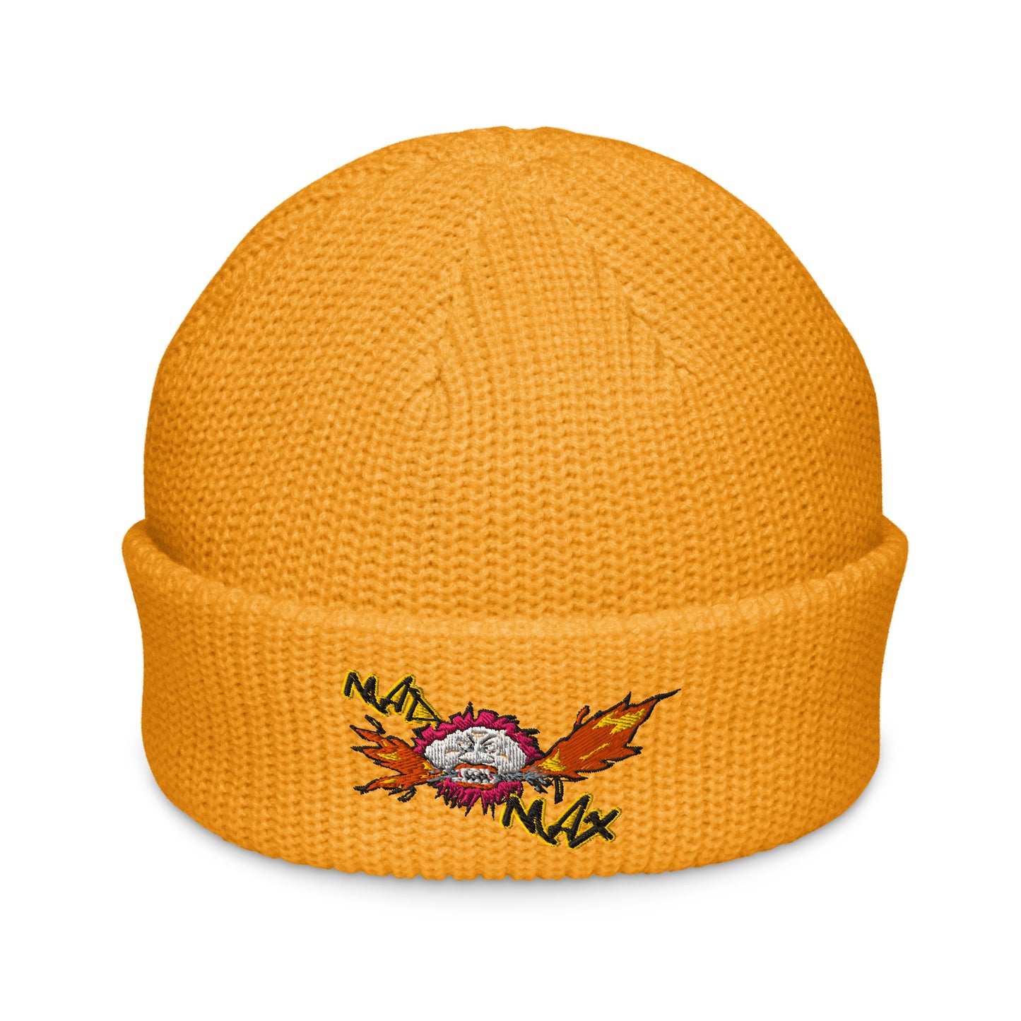 Yellow gold cuffed beanie with mad max logo