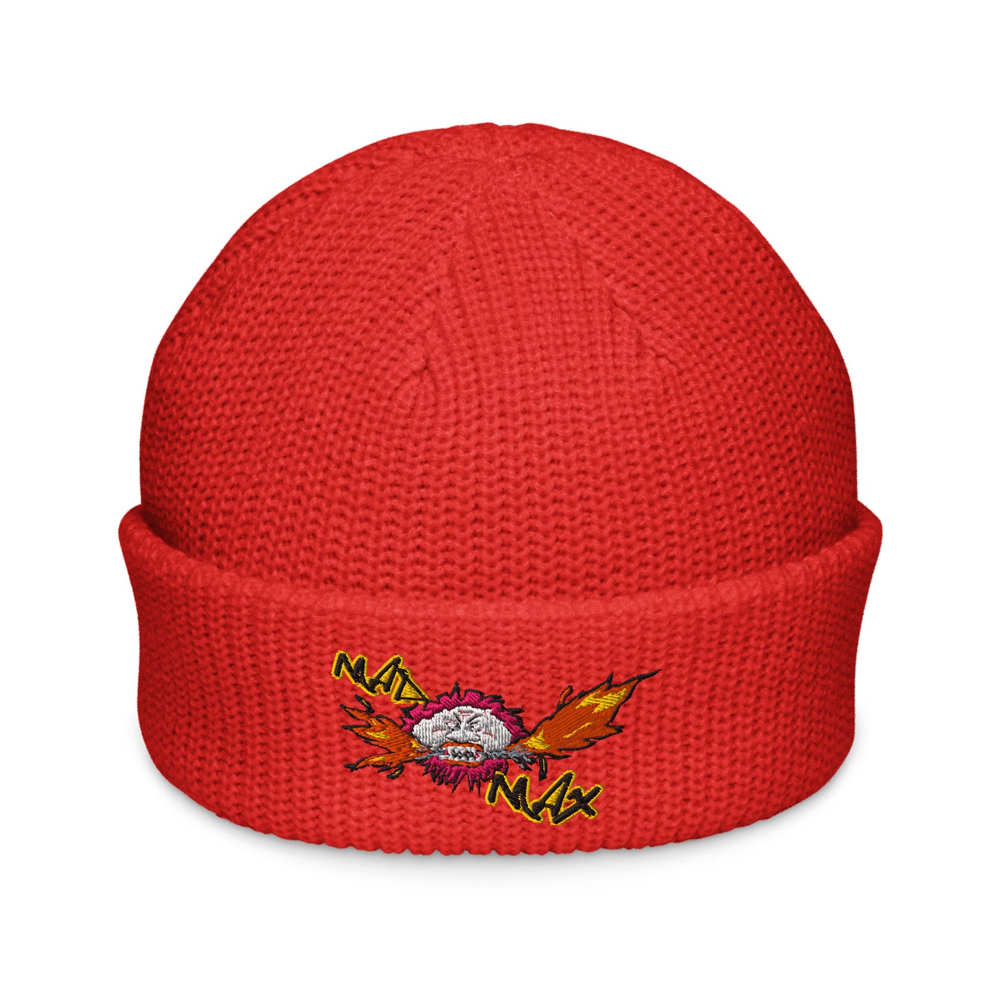 Red cuffed beanie with mad max logo