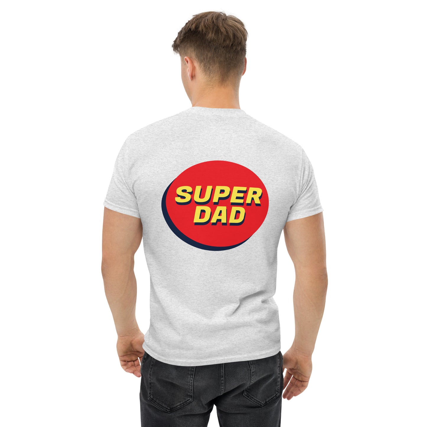 Men with ash T-shirt and Super dad on the back