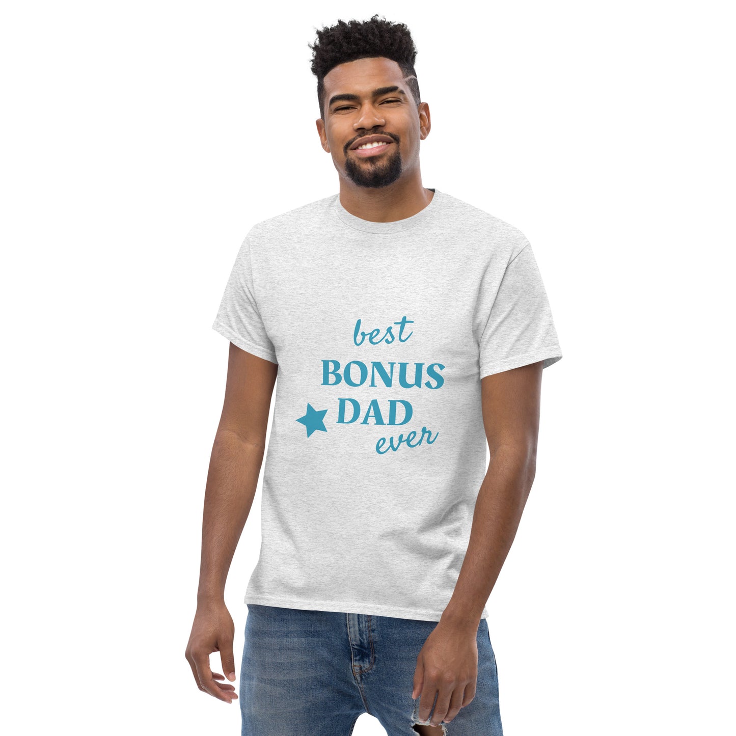 Men with ash t-shirt with text "best BONUS DAD ever"