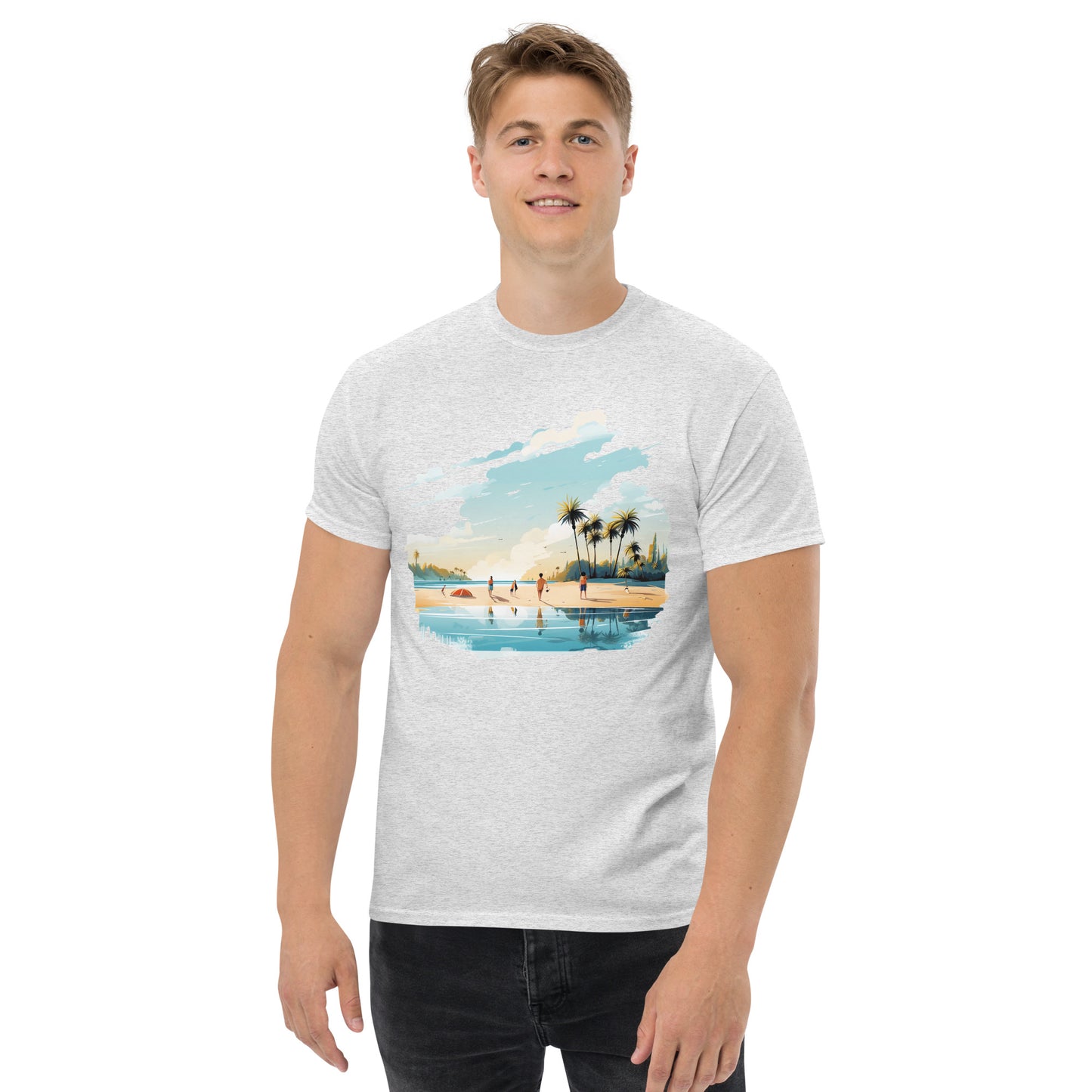 Men with ash T-shirt and a picture of a island with sea and sand