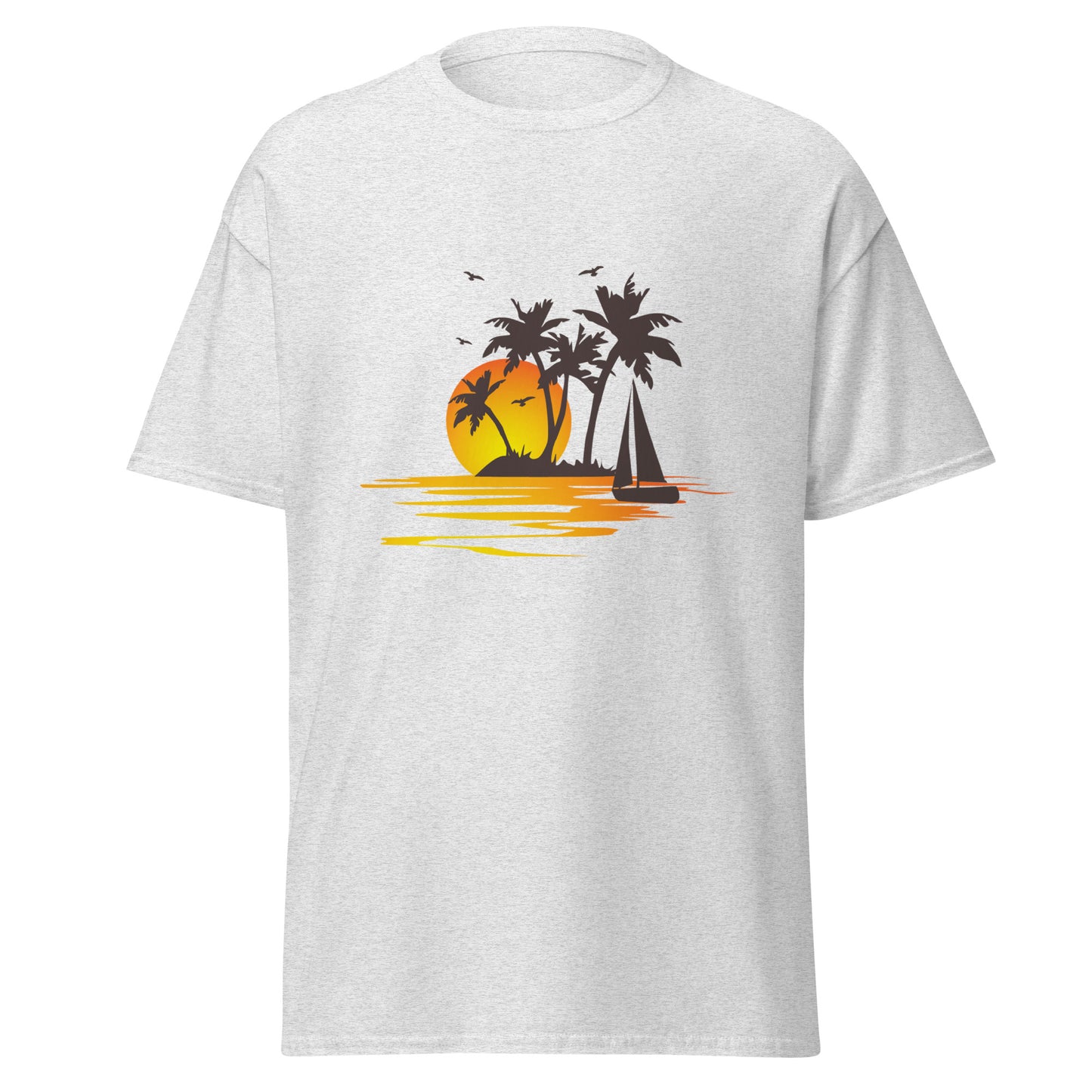 Ash T-shirt for men with a picture of sunset, palm trees and sailboat
