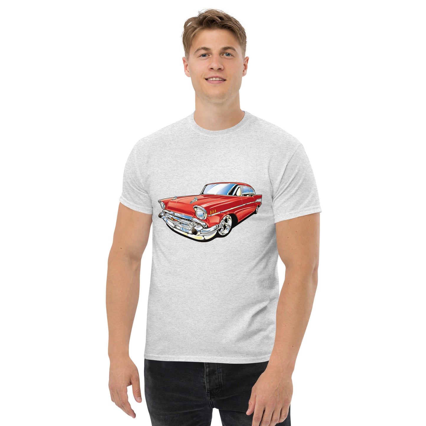 man with grey t-shirt with picture of red Chevrolet Bell air