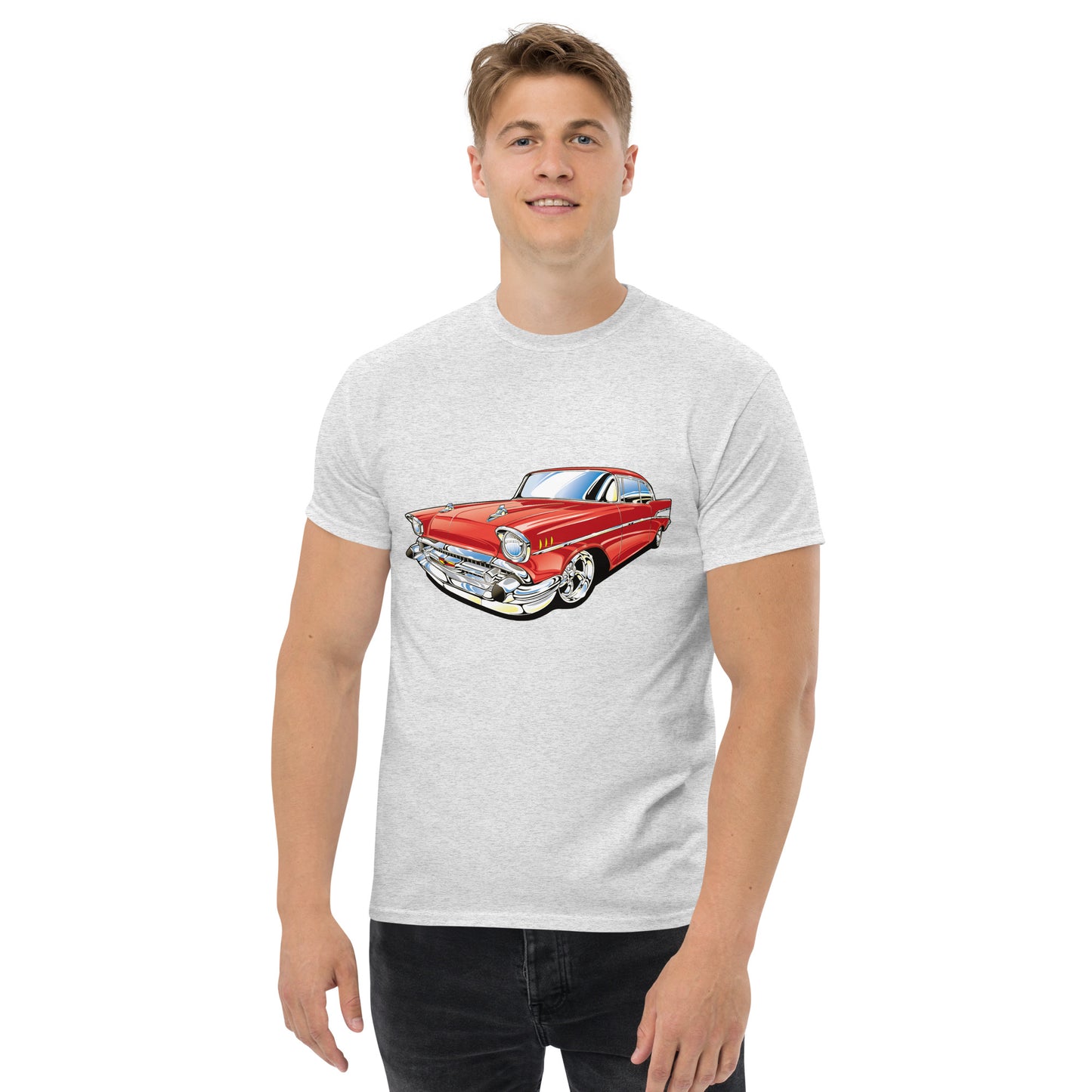 man with grey t-shirt with picture of red Chevrolet Bell air  