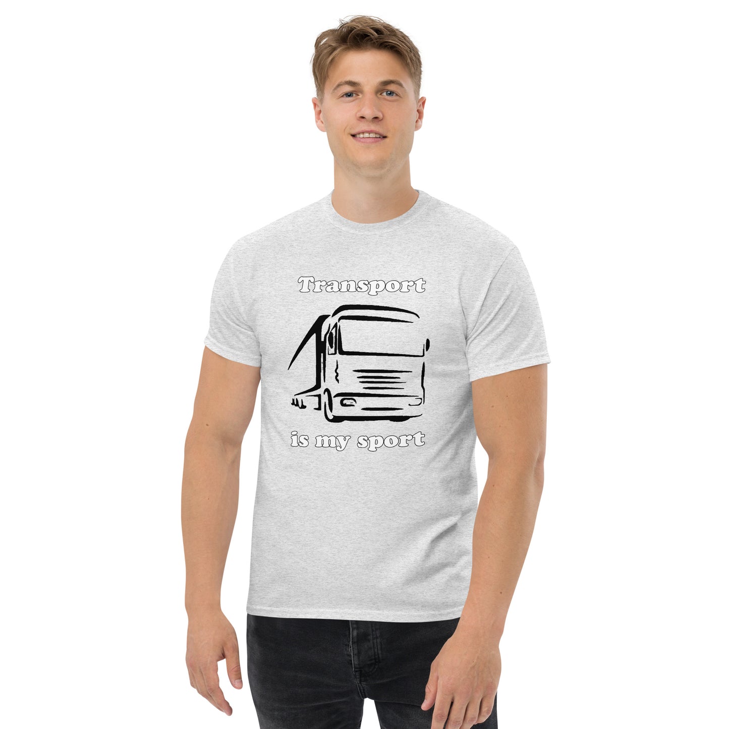 Man with grey t-shirt with picture of truck and text "Transport is my sport"