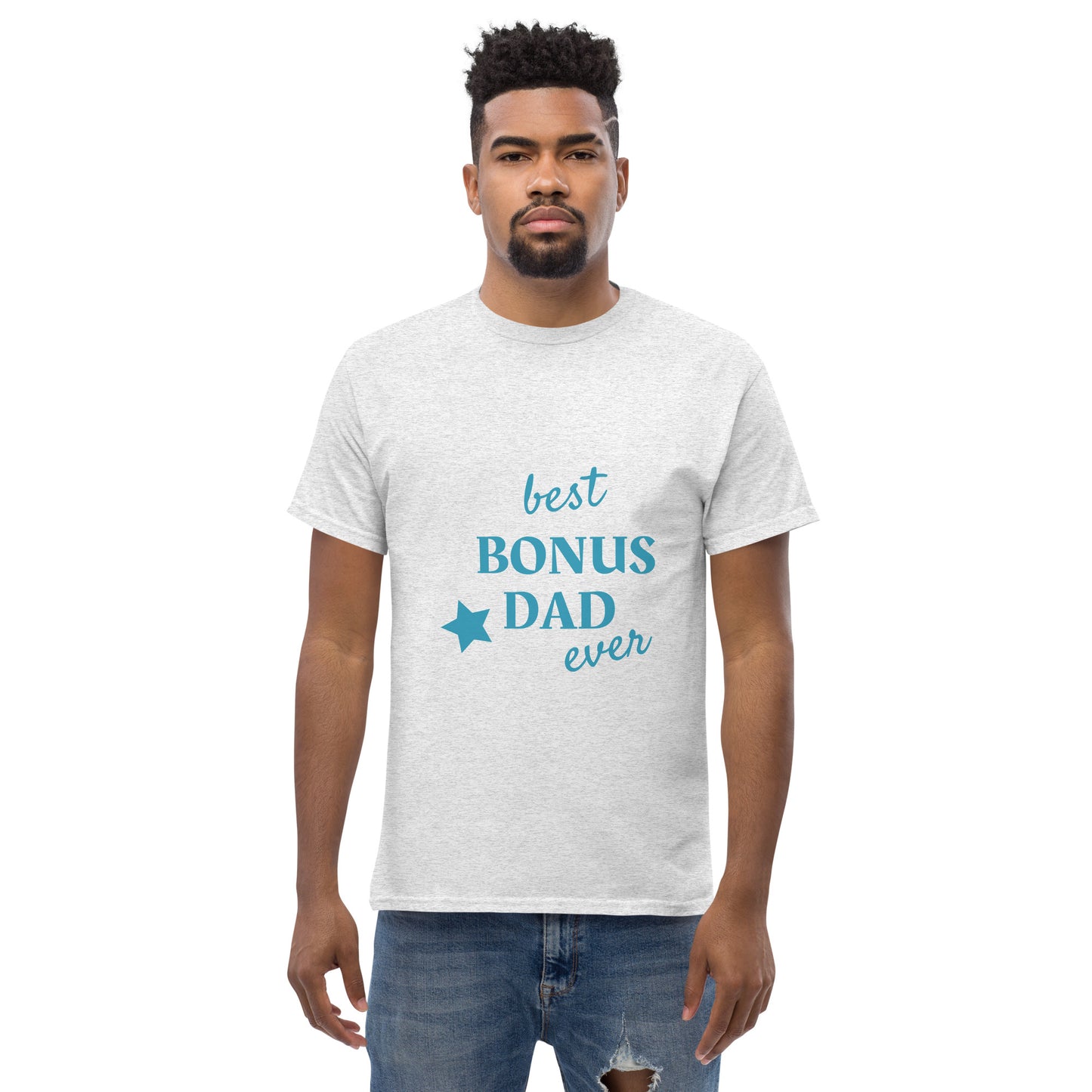 Men with ash t-shirt with text "best BONUS DAD ever"