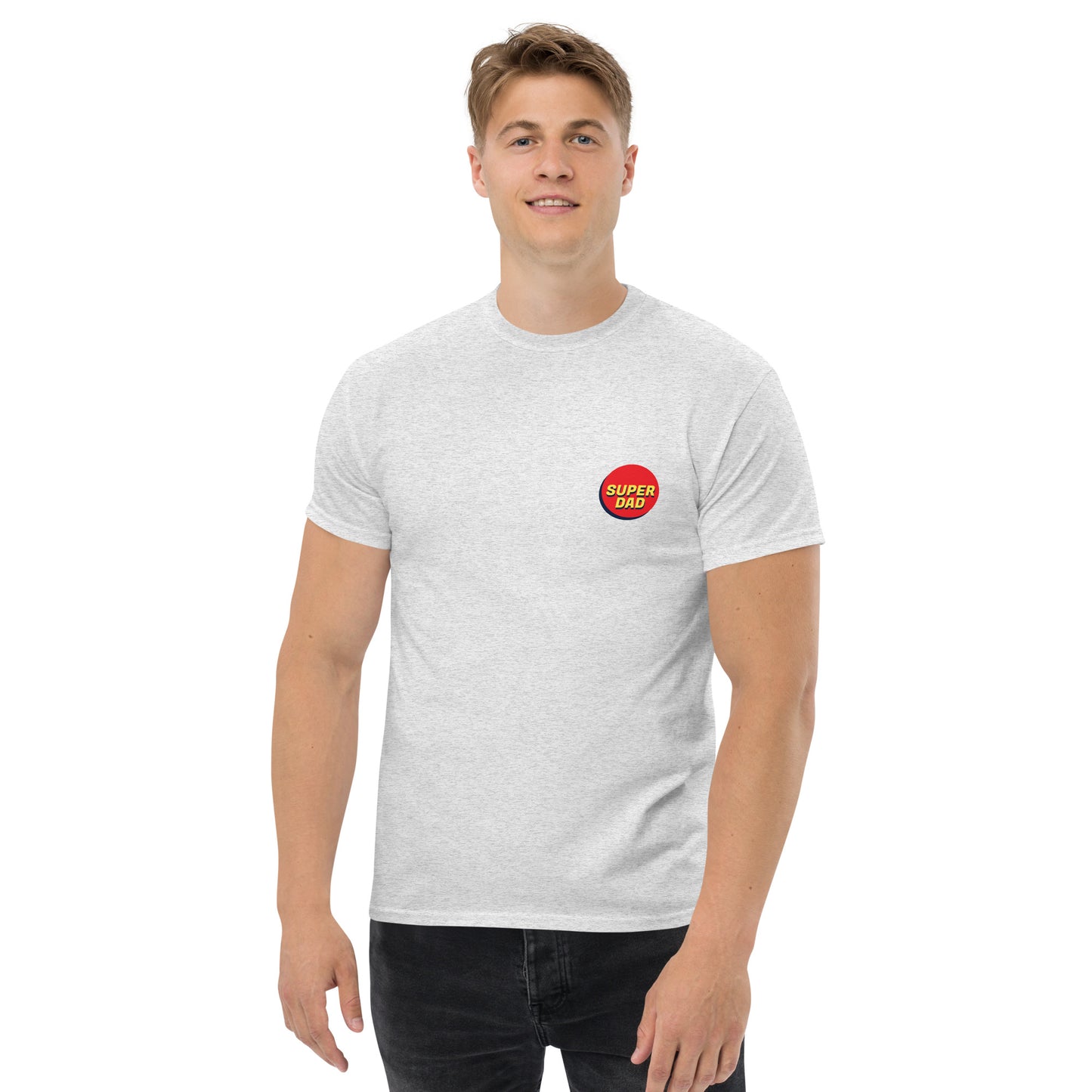 Men with ash T-shirt and Super dad logo on the front