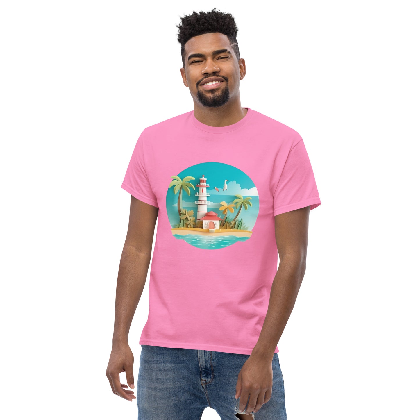 Man with pink t-shirt with picture of lighthouse and palm trees