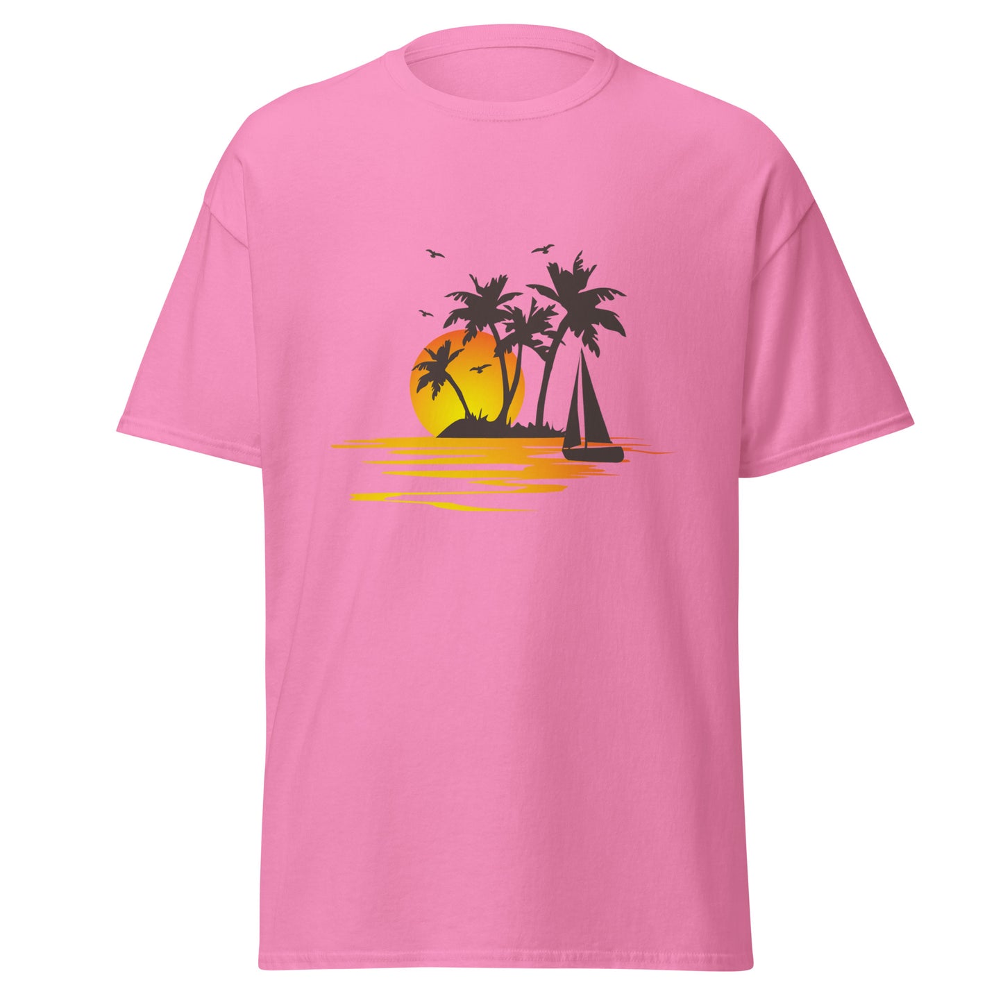 Azalea T-shirt for men with a picture of sunset, palm trees and sailboat