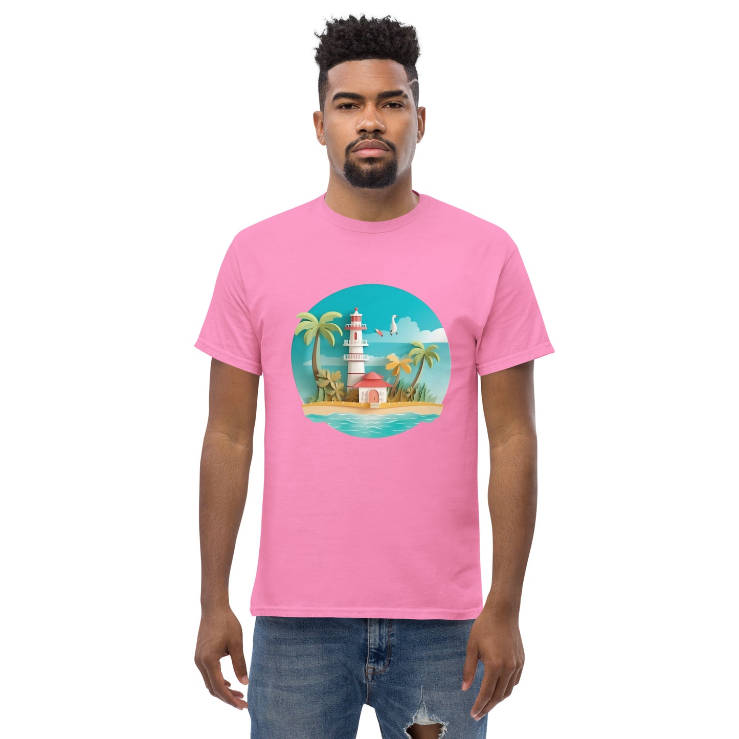 Man with pink t-shirt with picture of lighthouse and palm trees