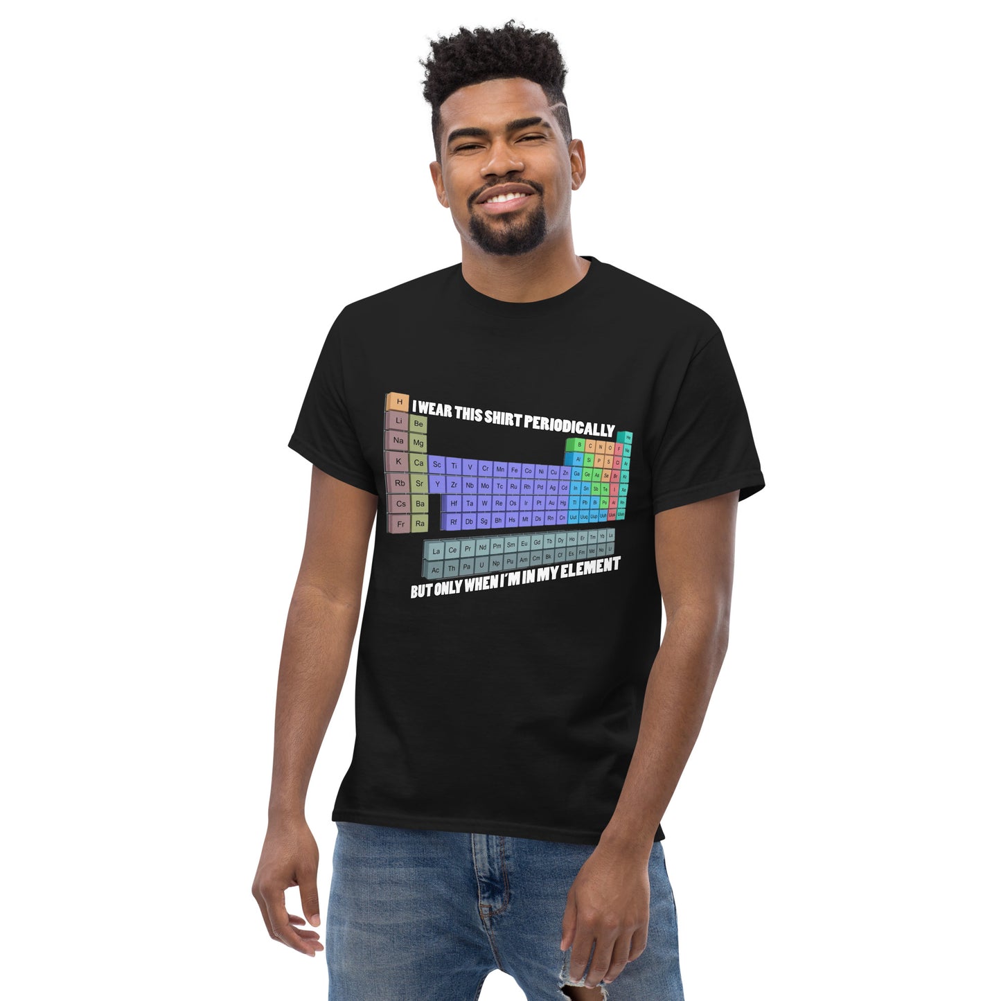 Man with black t-shirt with Mendelev's table