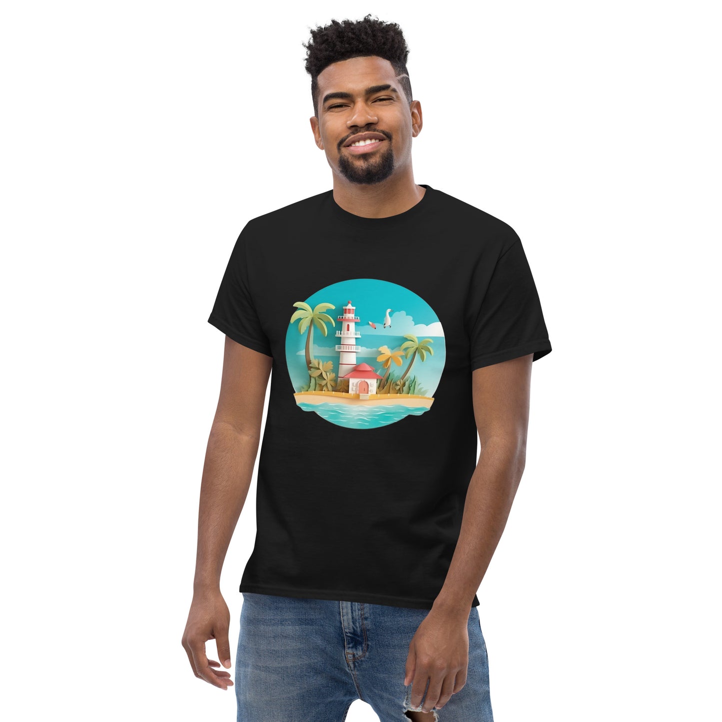 Man with black t-shirt with picture of lighthouse and palm trees