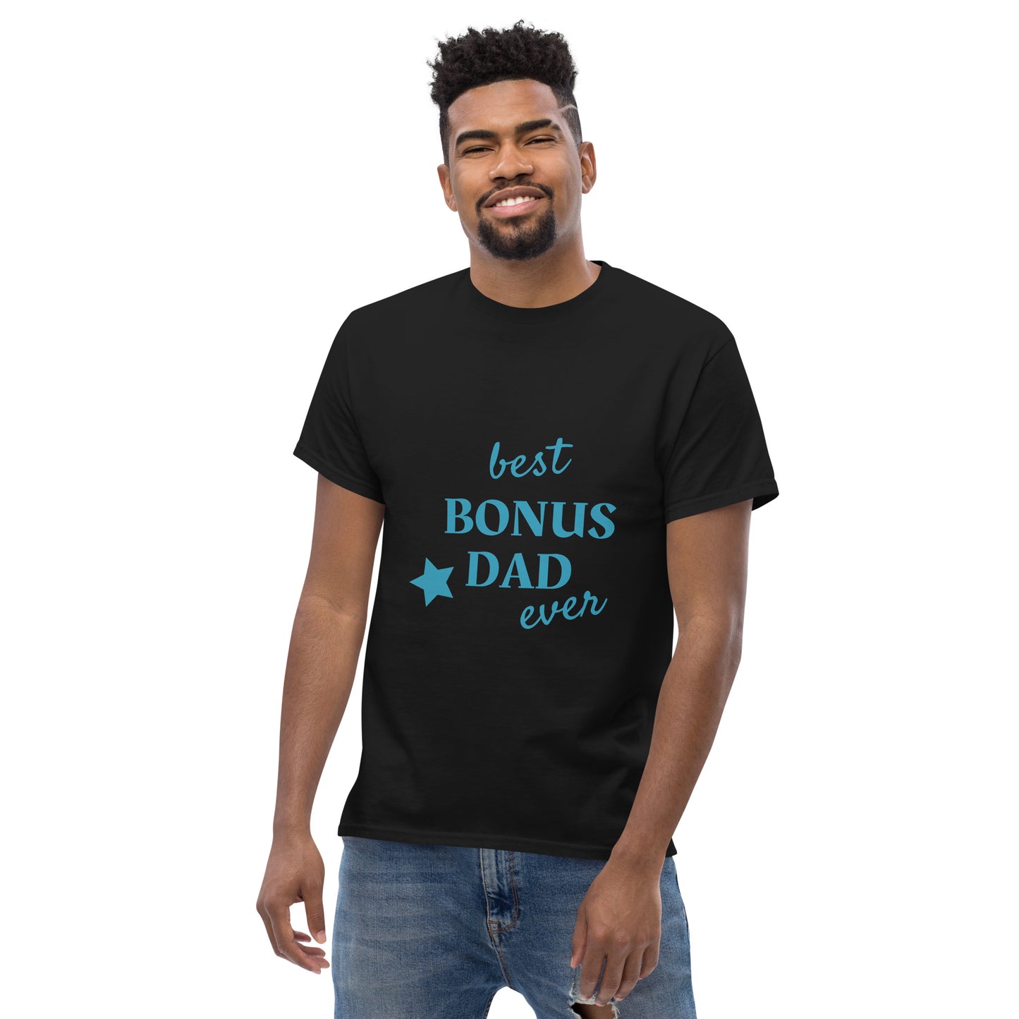 Men with black t-shirt with text "best BONUS DAD ever"