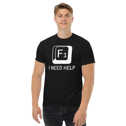 Men with black T-shirt and a picture of F1 key with text "I need help"